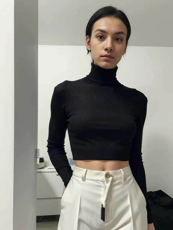 ((One beautiful boy)), ((masuter piece)), Looking at Viewer:1.8, Double sleeve black high neck rib knit,tattoo on the back of the hand, wearing long white slacks, futuristic room, black hair shorthair, ((No person))