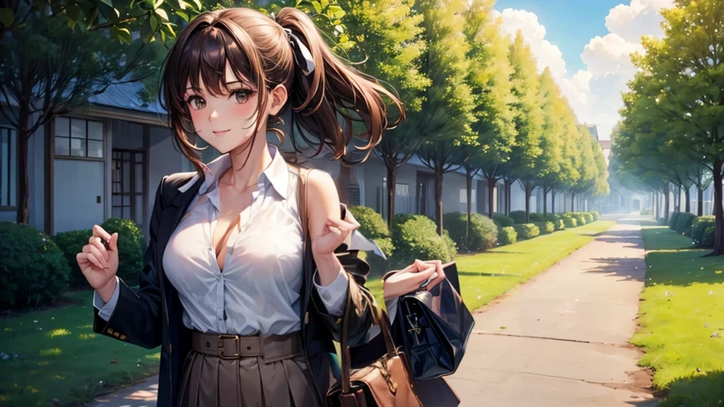 1girl, full body, solo, summer, village, trees, sun, clouds, ((brown hair)), ponytail, large breasts, ((black blazer)), button down shirt, ((white shirt)), ((short sleeved shirt)), ((unbuttoned shirt)), unbuttoning buttons, cleavage 1:3, brown eyes, skirt, smile, looking at the viewer, standing, hair ribbon, golden necklate, shoulder bag