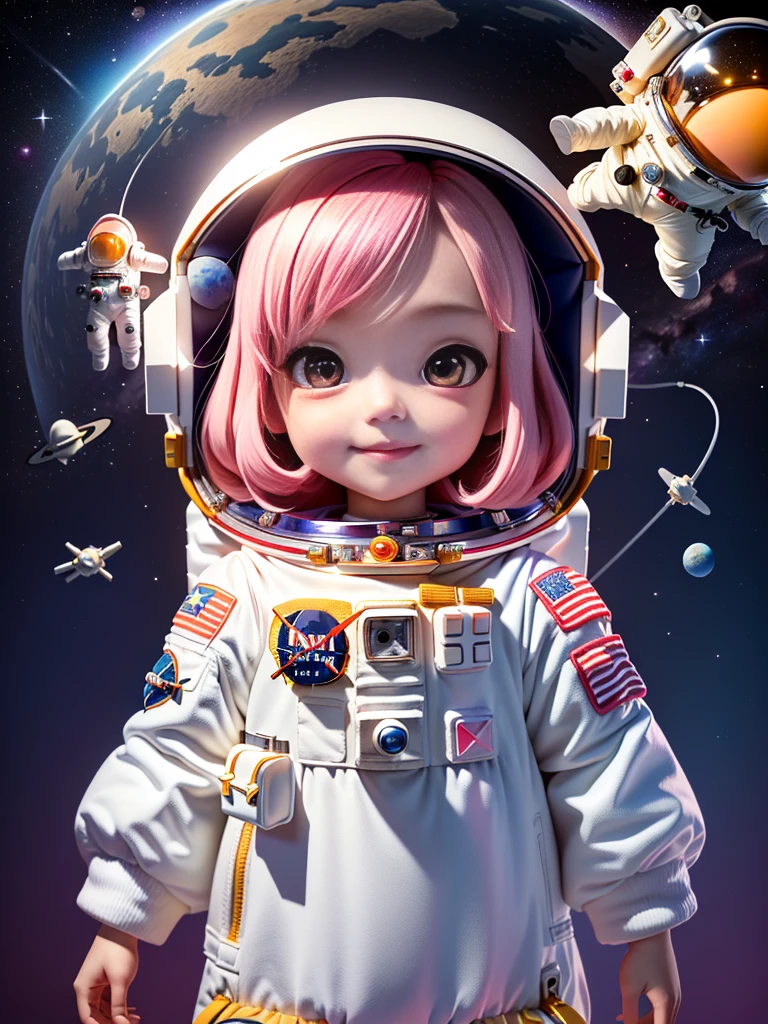 超级cute的女孩全身 3D 绘图,1,Nice eyes,big eyes,cute,having fun,C4D,pop Matt blind box,Pink long hair,Glowing bubbles,Toy,Solid color background,tRed Cliff,Fluorescence transmission,illuminator, Kawaii,baby,(((astronaut,Space suit))),Reference table,Pop Mart Blind Box,Pixar,Intricate details,3D Rendering,Blender,OC Renderer,fol body Reference table,Dribbling,High Detail,8k,Studio Lighting,,,,Red Cliff , SD characters：1.1，Magic Space Silo Background,（Wearing a glass oxygen mask on his head）（Full body portrait）Smile