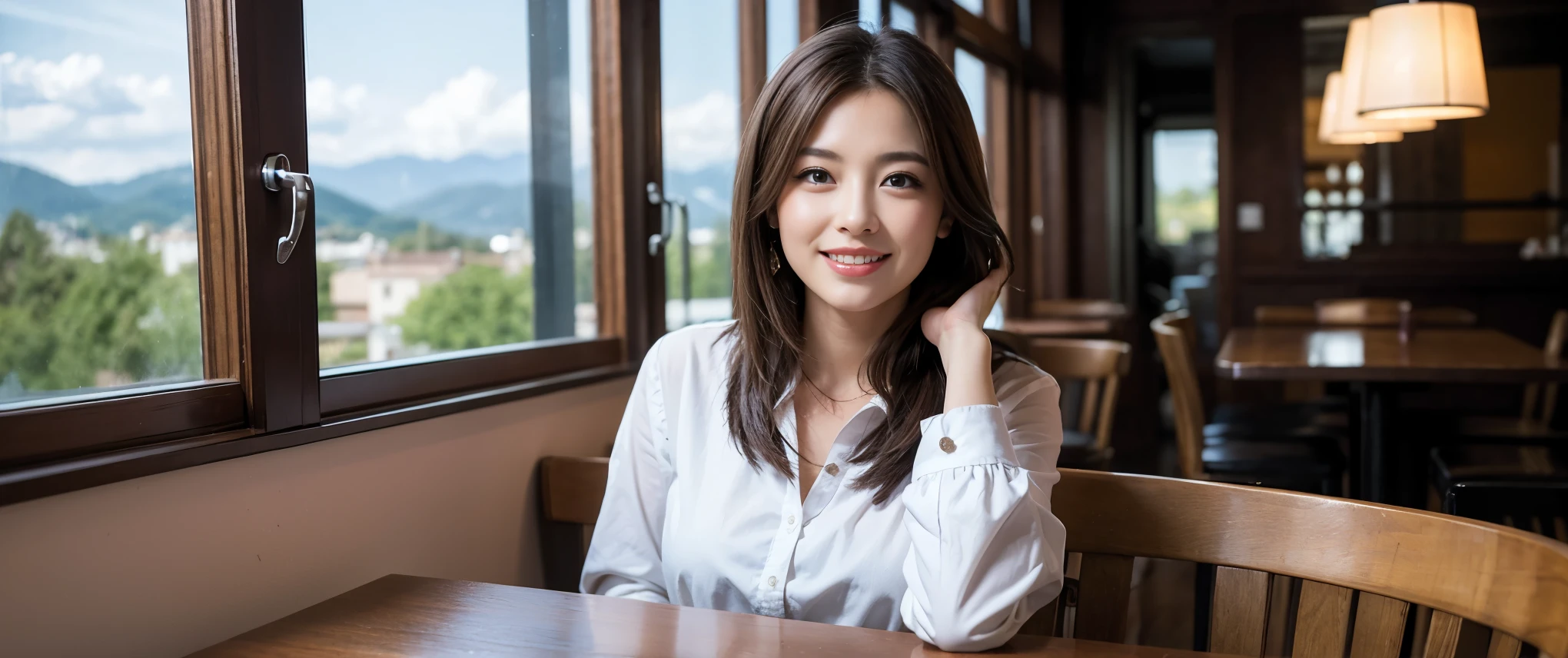 ((highest quality、8k、masterpiece:1.3))、Sharp focus:1.2、Beautiful woman perfect body:1.4、slimなボディ、((Bob Hale、Straight hair:1.2))、(to be born, highest quality, masterpiece:1.5), (Realistic, Intricate details:1.2), Ultra-high resolution, Put the light on your face、Amazing view of the sunset sky and clouds、Amazing mountain views、ニコニコ明るいsmile、wine glass、red wine 、Appetizers、Italian food、Wine bottle、Champagne、sparkling wine、, Beautiful Face, blue eyes, The light shines on your face, Blushing, short hair,Bright Face、Fox face、 (36 years old), 39 years old, Lady、Two beauties、Brown Hair、Shortcuts、Long sleeve shirt、dress、Pretty Woman 1, (slimな顔), (The body is slim), (Brown Hair), (Shortcuts), cheeks turn a little red,Attractive beauty、, Out of the window, A beautiful and detailed night view unfolds.........., restaurant, In a prominent place (From the waist up) Nova Frog Style, actress, model, Upper Body, White wine, slim, wine glass, 真ん中に置かれたwine glass, smile, (smile: 1.15), Beautiful fine grain, Depth f/2,saturation, High Contrast, Strong light and shadow,Moist Body:1.5、3D texture、Delicate eyes、Brown Hair、The hair is very shiny、