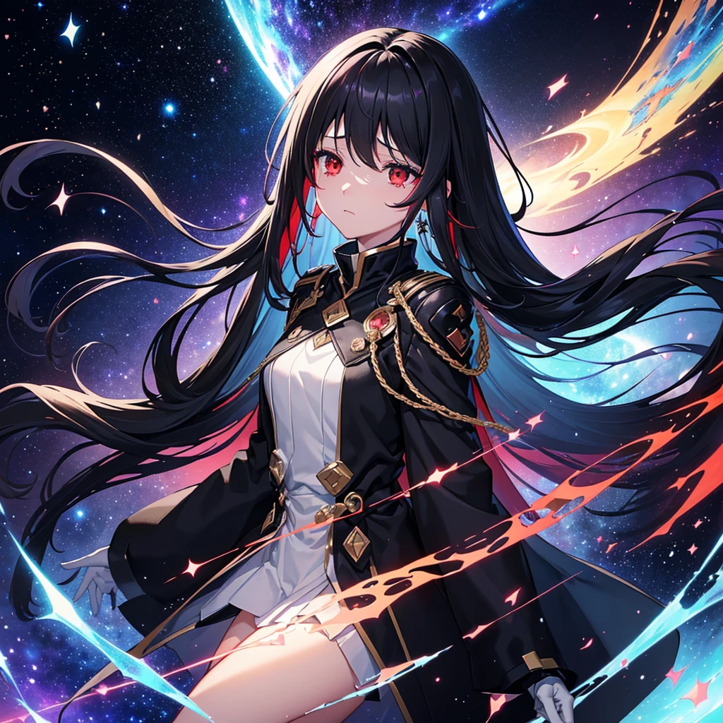black pantyhoses,s girl,Starry eyes,Black parka,Dark blue hair,side pony tail,Extremely long hair,tmasterpiece,4K,Award-winning photos,extremely detaile,finely detailled,Highly detailed woman,Extremely detailed eyes and face,black knee boots,Full body like,Hair covers one eye,Perfect female body,1girll,black sash