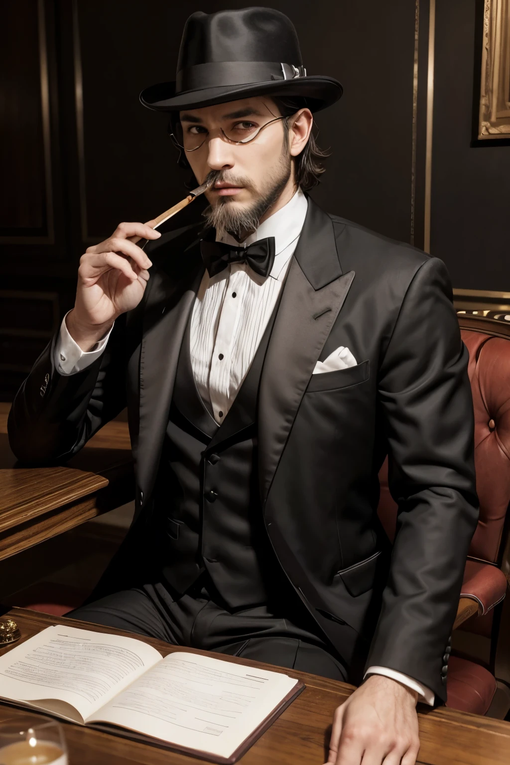 mafia, adult, man, tall, tanned, beard, short hair, fedora, tuxedo, seated, monocle, table, cigar, cane, 