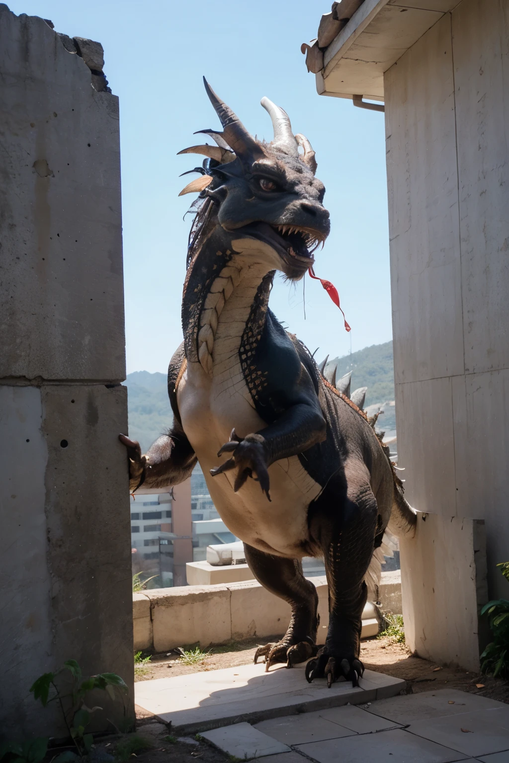 chinese dragon breaking a wall