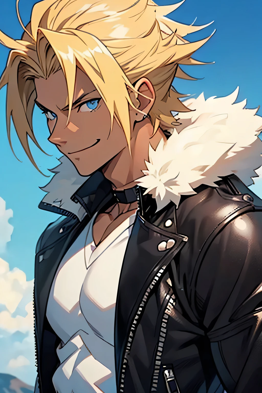man, tanned skin, smile, strong, spiky blonde hair, anime style, style, blue eyes, slim, athletic, black leather jacket, white