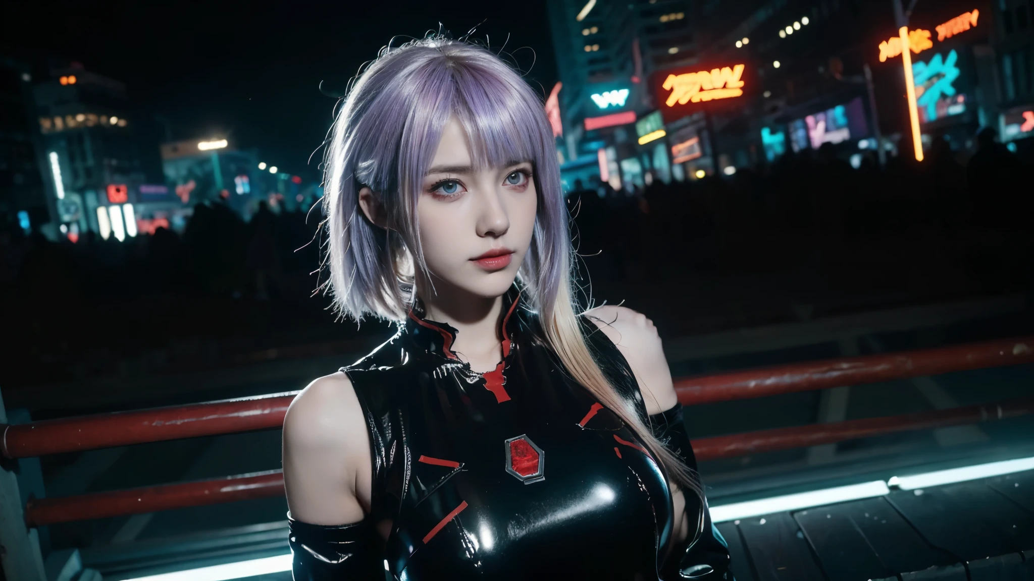 masterpiece,best quality,high resolution,8k,(Portrait Photos:1.5),(R Original Photo),real picture,Digital Photography,(A fusion of cyberpunk and fantasy),20 year old girl,Feel free to hairstyle,Purple Eyes,By Bangs,(Medium breasts, Accessories,shut your mouth,Elegant and charming,Serious and arrogant,Calm and handsome,Combination of cyberpunk and fantasy style clothing,Hollow carving design,Large Breasts,Combined Armor,Photo poses,Realistic style,oc render reflection texture,sentry,Cyberpunk style future city,night,Bustling streets,Medium distance photography