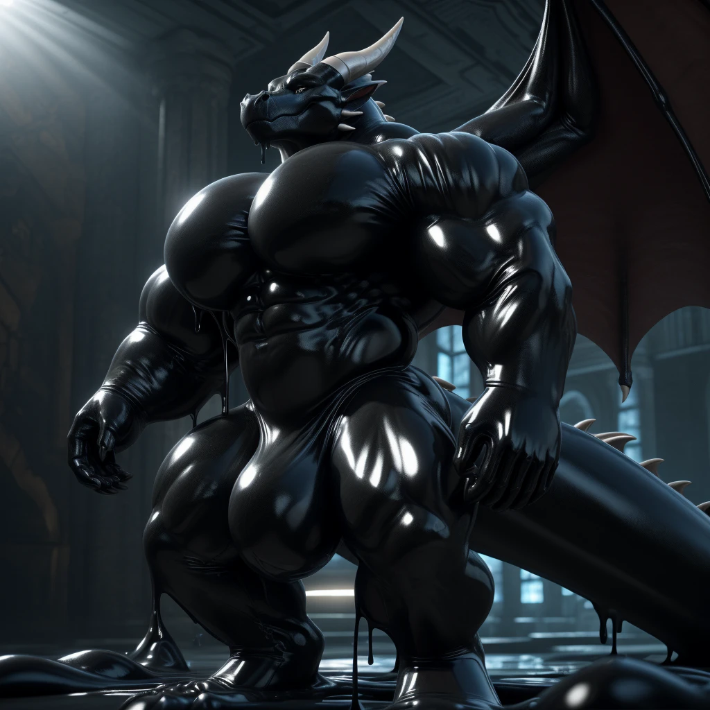 solo, male, , , , (hyper pecs:1.2), （long thick thighs:1.5）, standing, indoor,，(，,(,solo,very hyper muscles:1.3)((, Huge bulge：1.3))）, black glowing liquid，（((liquid_latex, , rubber:1.2)，,black latex，goo transformation，(gooey)()(l），dragon，unreal engine,perfect light，detailed, photorealistic, 4k, hd, , , , good anatomy, , (), ,, high quality, best quality, concept art, photorealistic, 