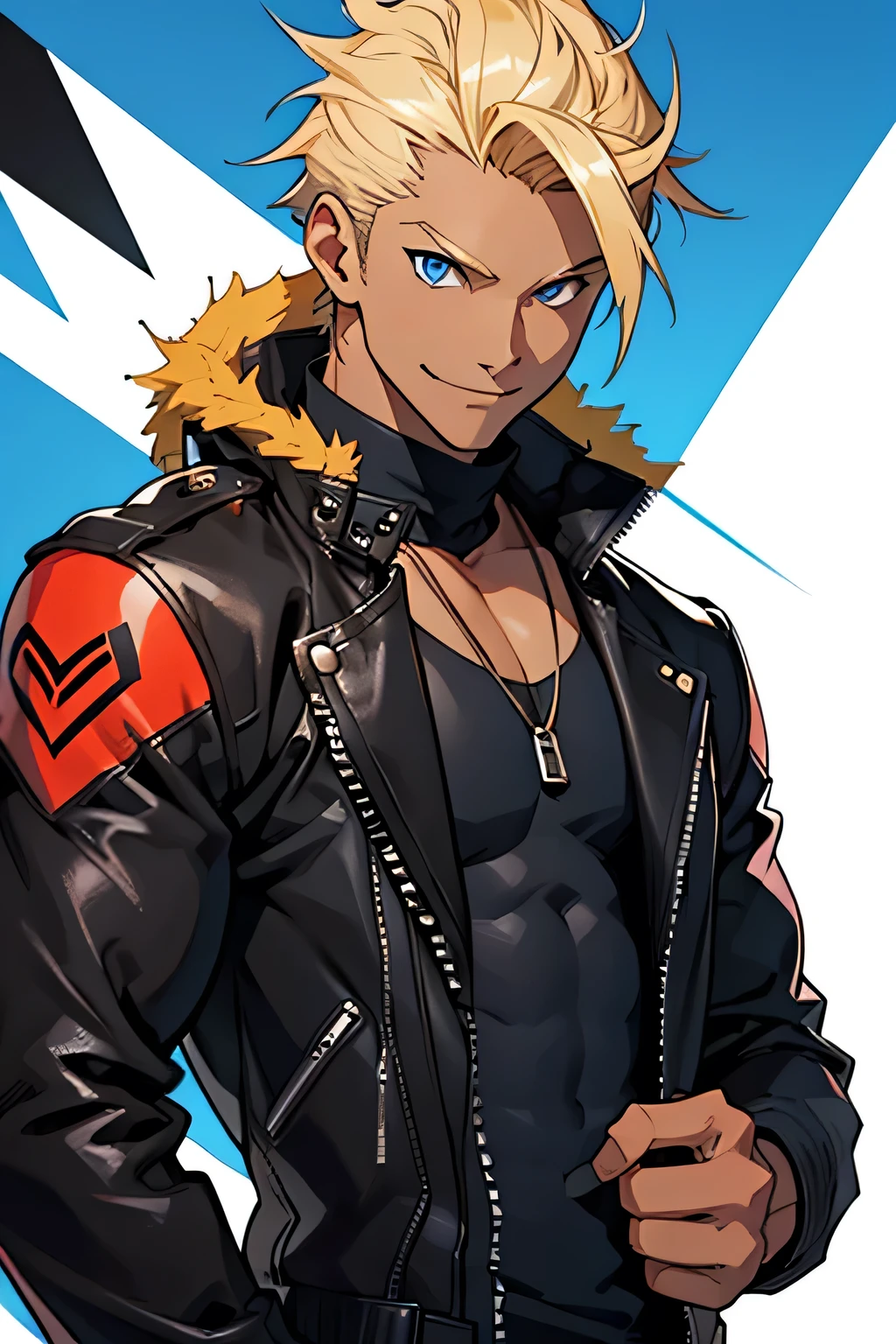 man, tanned skin, smile, strong, spiky blonde hair, anime style, style, blue eyes, slim, athletic, black leather jacket, white