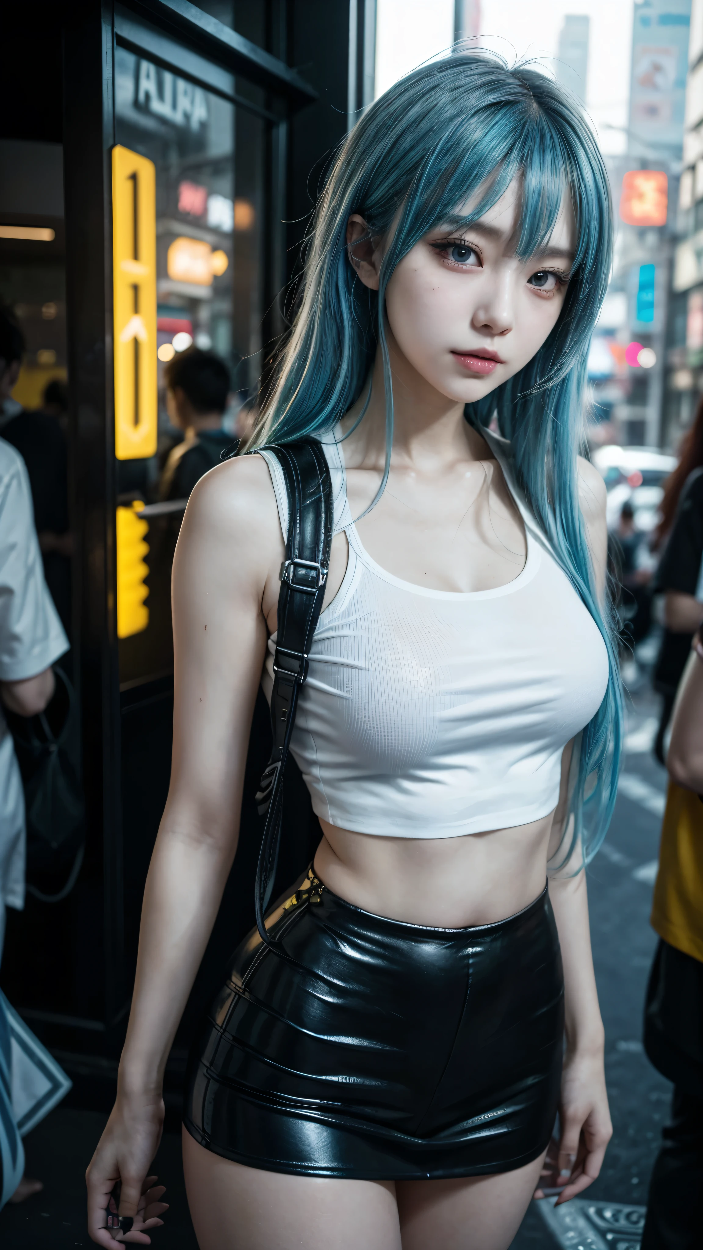 there is a woman with a blue hair and a white top, anime girl cosplay, inspired by Leng Mei, photo of slim girl model, anime girl in real life, seductive anime girl, cyberpunk 2 0 y. o model girl, chinese girl, female cyberpunk anime girl, photo of slim girl, beautiful cyberpunk woman model, anime cosplay, cosplay photo, cosplay