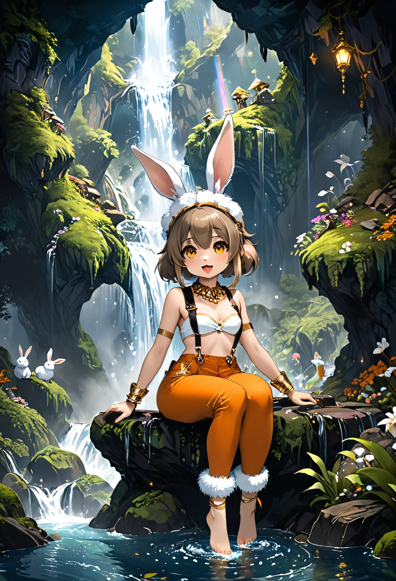 (wildlife photography), masterpiece,
three-quarter view, low angle, solo,
(furry) (anthro) female,  (rabbit), nanachi \(made in abyss\),
(bunny), bilac, brown fur, short hair, brown hair, yellow eyes, suspenders, bandages, rabbit ears, orange pants,
detailed and extremely fluffy body fur, glossy fur, young adult, thick thighs, cute,
ponytail,
sitting, leaning back, propped up on hands, bent legs,
Innocent, slightly open mouth,,
golden bracelet,
Golden Swan Lake Ensemble, Gown in gold and white, resembling the elegance of swans on a lake, paired with a swan-shaped crown, golden feathered headdress, intricate tube top, intricate vest,
uploaded on e621, by Anixaila, by Youjomodoki, by Demicoeur, by castitas, by darkgem, (by dagasi:0.5), by cotora,
furrycore,
harem outfit,
blackskin,
[nia teppelin, long hair, multicolored hair, two-tone hair,],
midnight, crescent moon, night sky with stars,
Whispering Waterfalls, Cascading waters from towering cliffs, misty rainbows in the spray, hidden grottos behind the falls with glowing crystals,
Smooth weathered driftwood scattered along the high-tide line,
Abyssal Fireplace, fireplace with an ever-burning abyss,
cinematic composition, hi res, 8k, cinematic lighting, stunningly beautiful, concept art, highly detailed,
masterpiece, best quality, realistic, (intricate:0.9), (high detail:1.4), film photography, sharp focus,