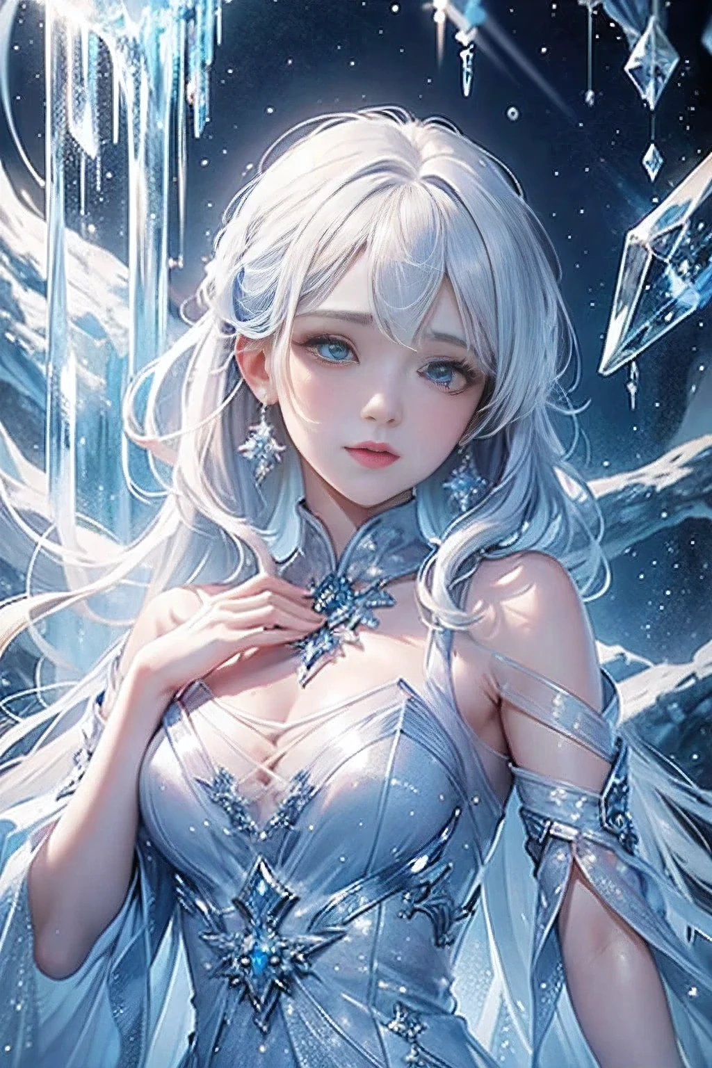 masterpiece、highest quality、wood, Detailed mini ice spikes and crystals, Frozen waterfall as background, Light reflected on ice crystals, Flowing snowflakes.Beautiful woman、white hair、cutegirl,Realistic people,blue dress