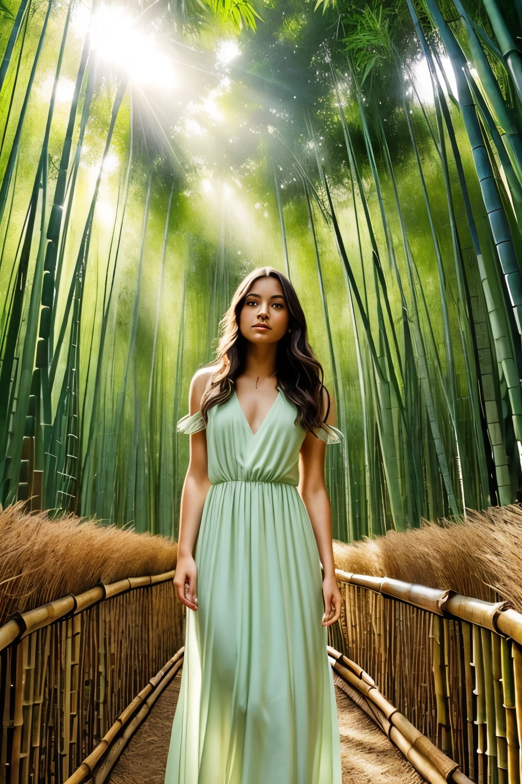 (a girl in a bamboo forest,illustration,peaceful environment,soft sunlight,best quality:1.2),ultra-detailed,natural colors,subtle shadows,bamboo leaves,rustling sounds,sun rays filtering through the trees,serene face,flowing dress,warm breeze,tranquil expression,delicate details,sunlit clearing,serene atmosphere,golden hour lighting,harmonious composition,peaceful ambiance,soft green hues,captivating nature.