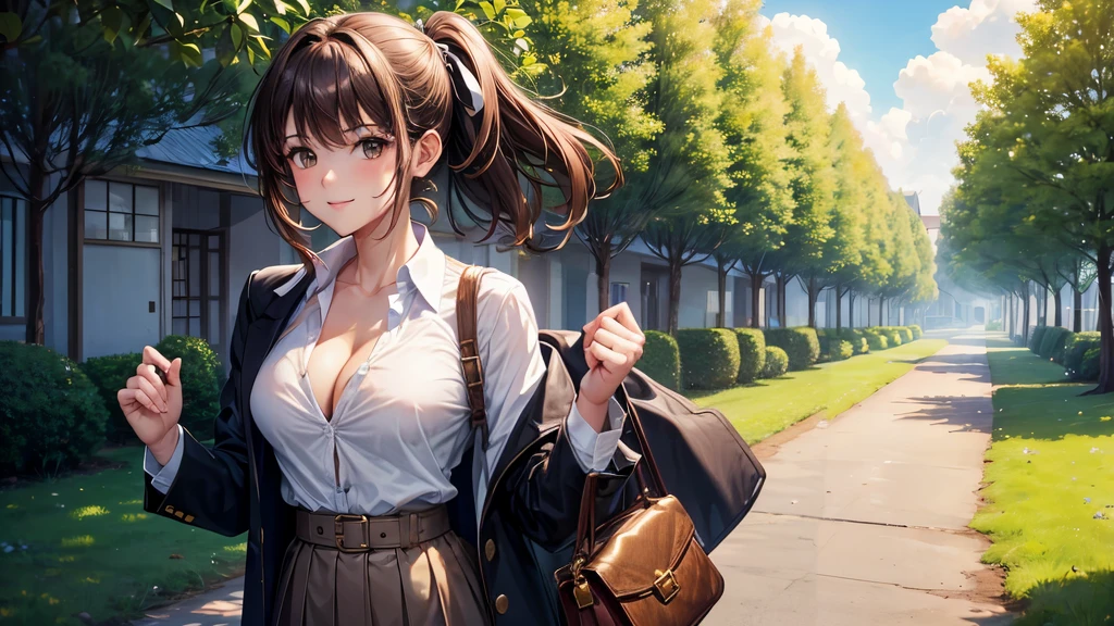 1girl, full body, solo, summer, village, trees, sun, clouds, ((brown hair)), ponytail, large breasts, ((black blazer)), button down shirt, ((white shirt)), ((short sleeved shirt)), ((unbuttoned shirt)), unbuttoning buttons, cleavage 1:3, brown eyes, skirt, smile, looking at the viewer, standing, hair ribbon, golden necklate, shoulder bag