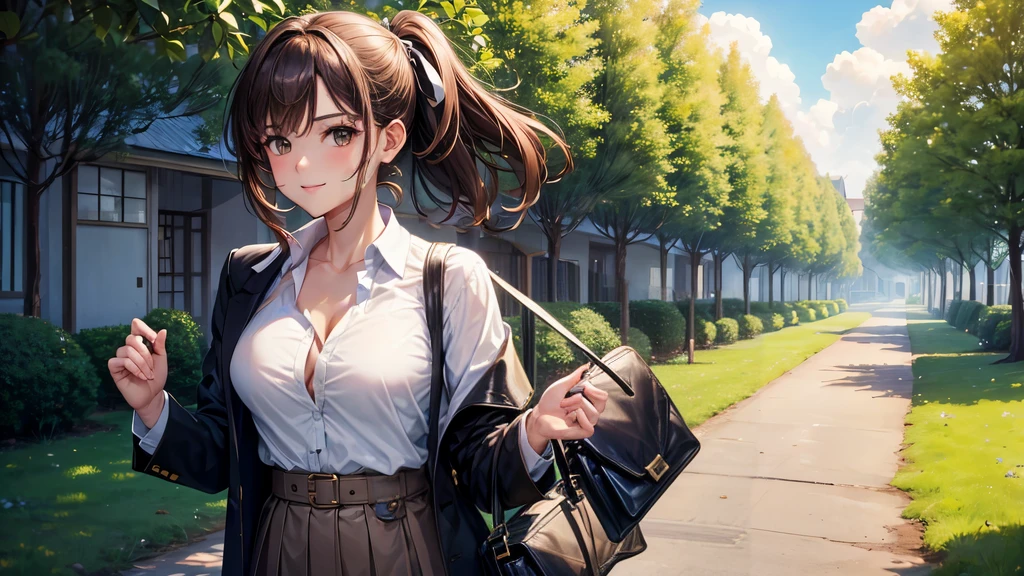 1girl, full body, solo, summer, village, trees, sun, clouds, ((brown hair)), ponytail, large breasts, ((black blazer)), button down shirt, ((white shirt)), ((short sleeved shirt)), ((unbuttoned shirt)), unbuttoning buttons, cleavage 1:3, brown eyes, skirt, smile, looking at the viewer, standing, hair ribbon, golden necklate, shoulder bag
