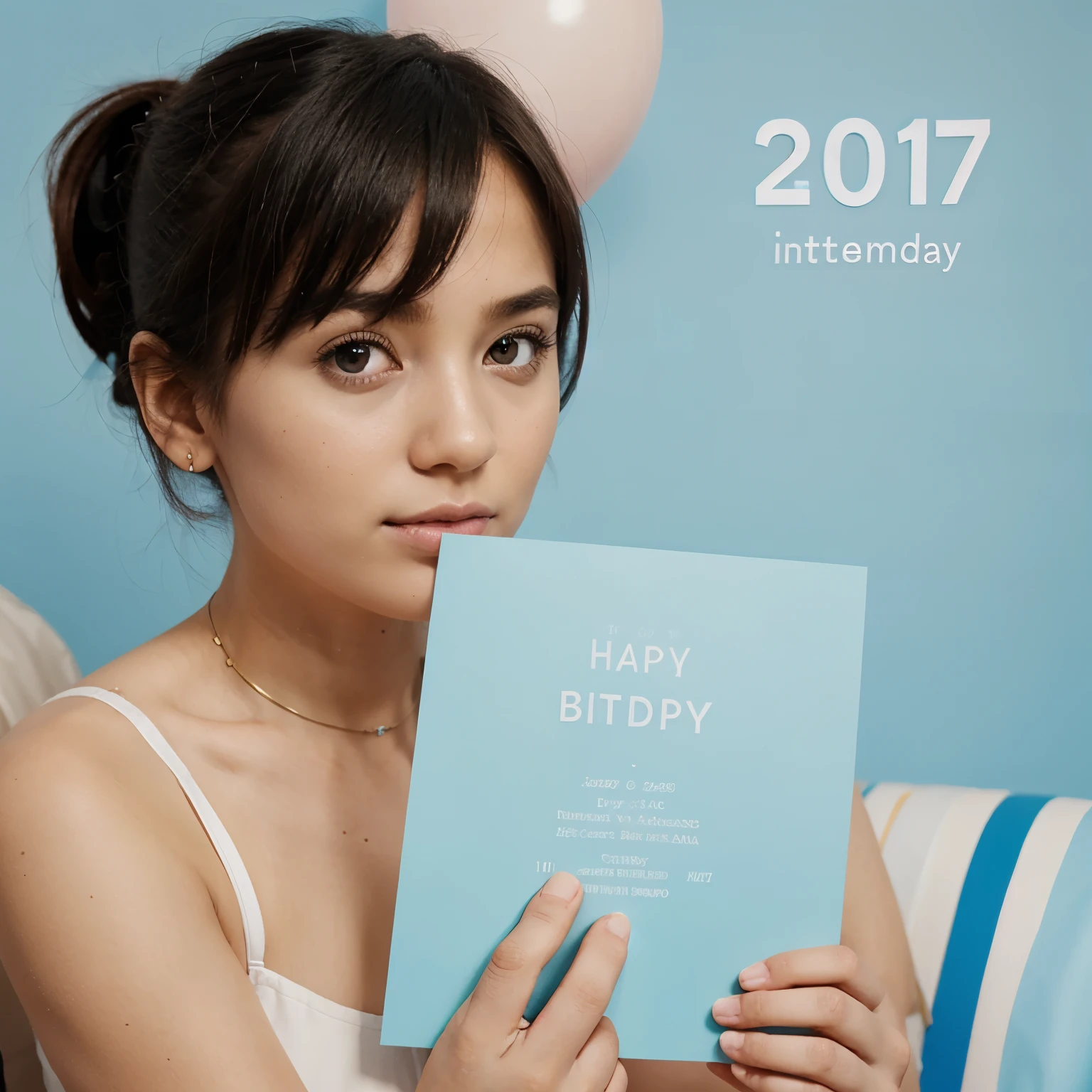  girl with wavy medium hair, swimsuit, holding a white board with text "I Love BBQ" and showing it to the viewer