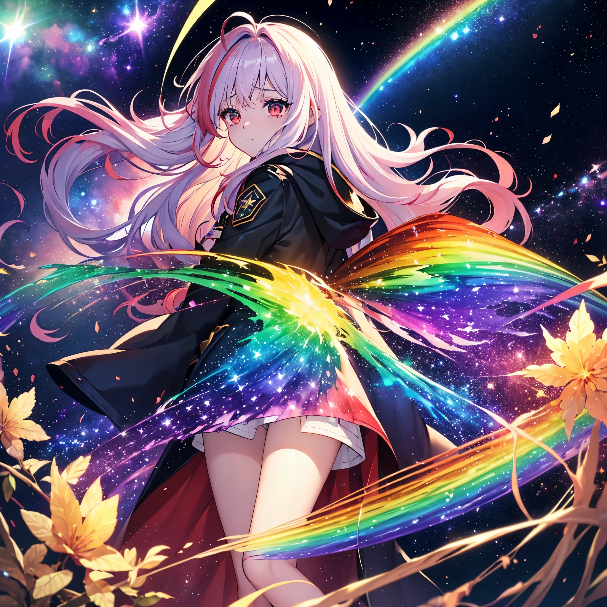 ((Fantasy　Rainbow Hair　Long Hair　Dull red eyes　Have a galaxy　uniform　Put on a coat without putting your arms through it　Lonely　despair))　((Tears　gloves))　(Broken glass　Distorted Space-Time　star　moon)　Catch the wind　fall　Shining Background　Particles of light, shining edges