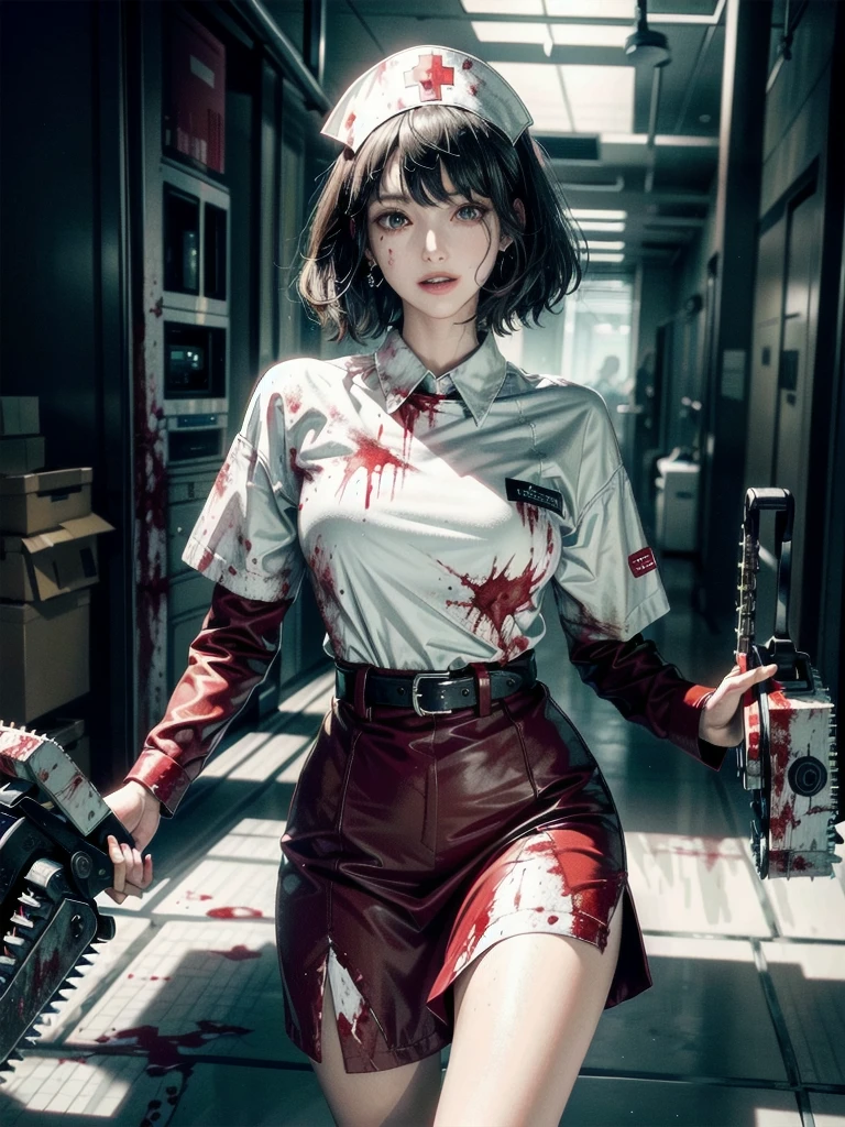 ((blood)), ((blood splatter)), ((blood on clothes)), ((blood stain)), hospital, ((nurse uniform)), ((holding motor-chainsaw)), absurdres, RAW photo, extremely delicate and beautiful, masterpiece, Best Quality, ultra high resolution, 32k, hyperrealistic, ultra-detailed, detailed description, pale skin, 20 years old, tearful mole, earring, Colossal tits, short medium hair, wavy hair, evil grin, full body shot,