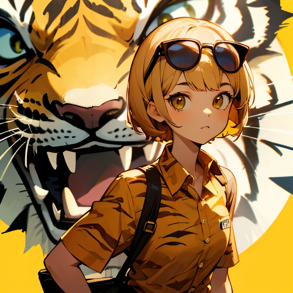 girl、cute、face、short hair、Sunglasses with round lenses、Aloha shirt with a yellow base and a tiger pattern、Light hits the face from the front