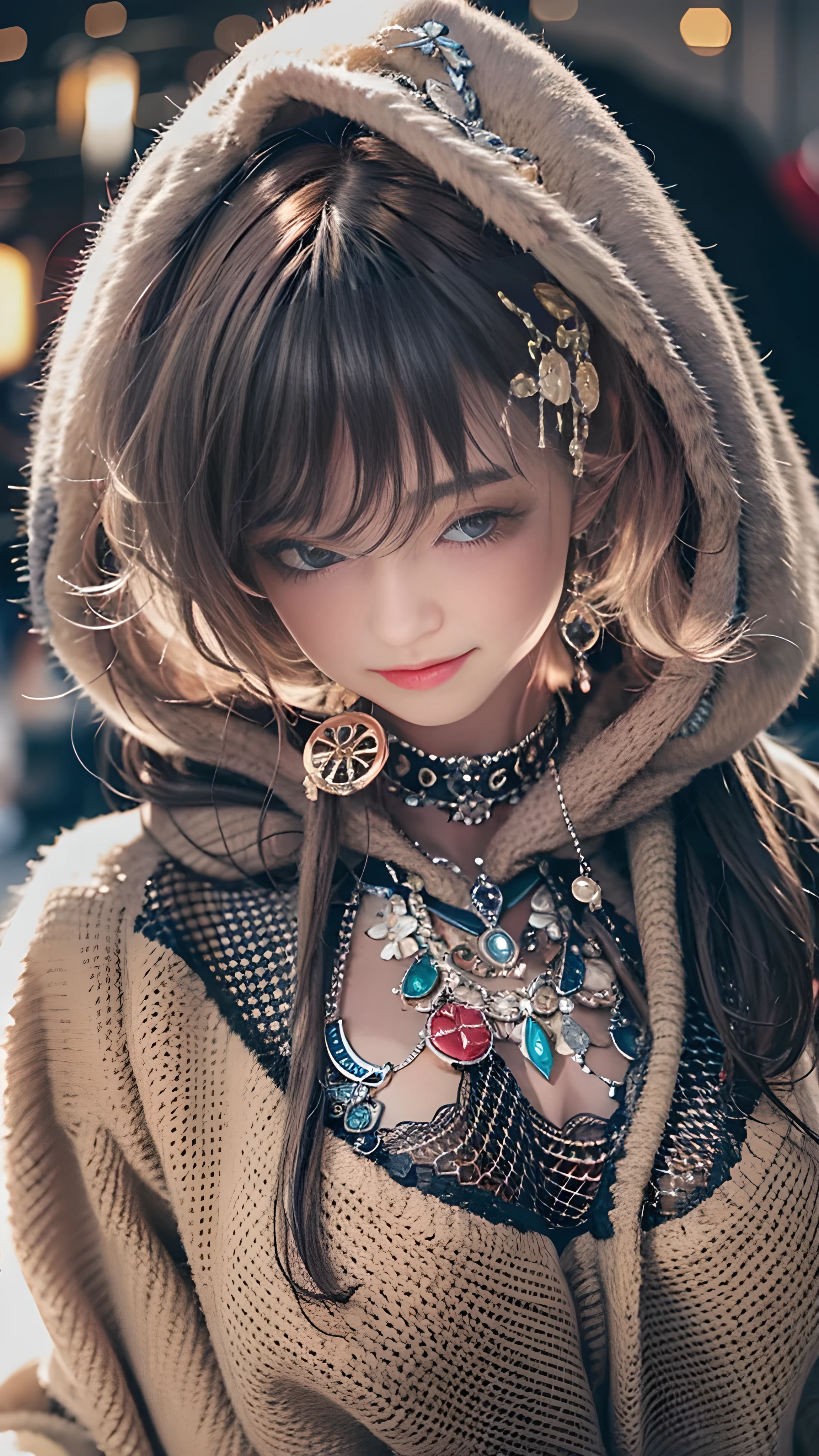 ((8k)),Film Photography, 1 girl, (Hoodies:1.2), (Short skirt), thigh, navel,necklace, earrings, seductive smile, Mid-chest, whole body, Drunk blush:1.5, Black wavy shoulder-length hair, serene, calm, (Realistic and detailed eyes, Natural skin texture, Realistic facial details), Soft dramatic lighting, Depth of Field, Bokeh, Vivid details, Meticulous attention to detail, Surrealism