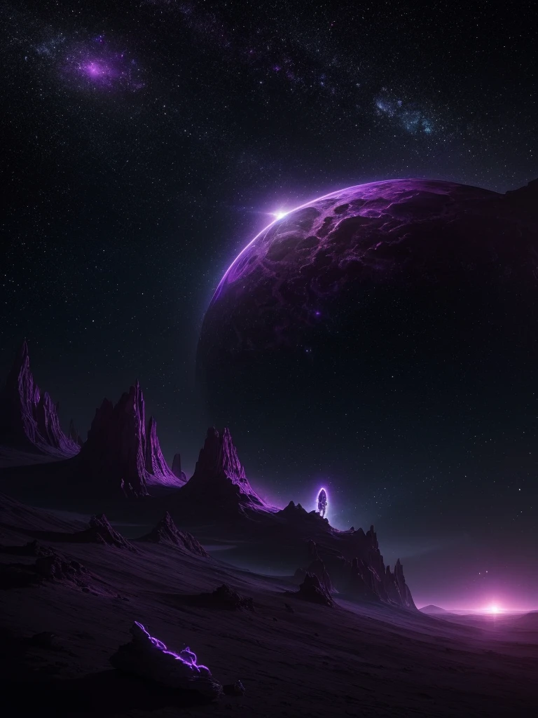 masterpiece, original photo, Hyperrealism, Beautiful alien girl with lots of purple hair, On a distant and wonderful planet, cosmic landscape, Cute and sexy, Very detailed, Science fiction aesthetics, Fantasy Halo, Supernatural Plants, By Rutkowski, HDR, Intricate details, Ultra Detailed, Movie, Depth of Field, Rim Light