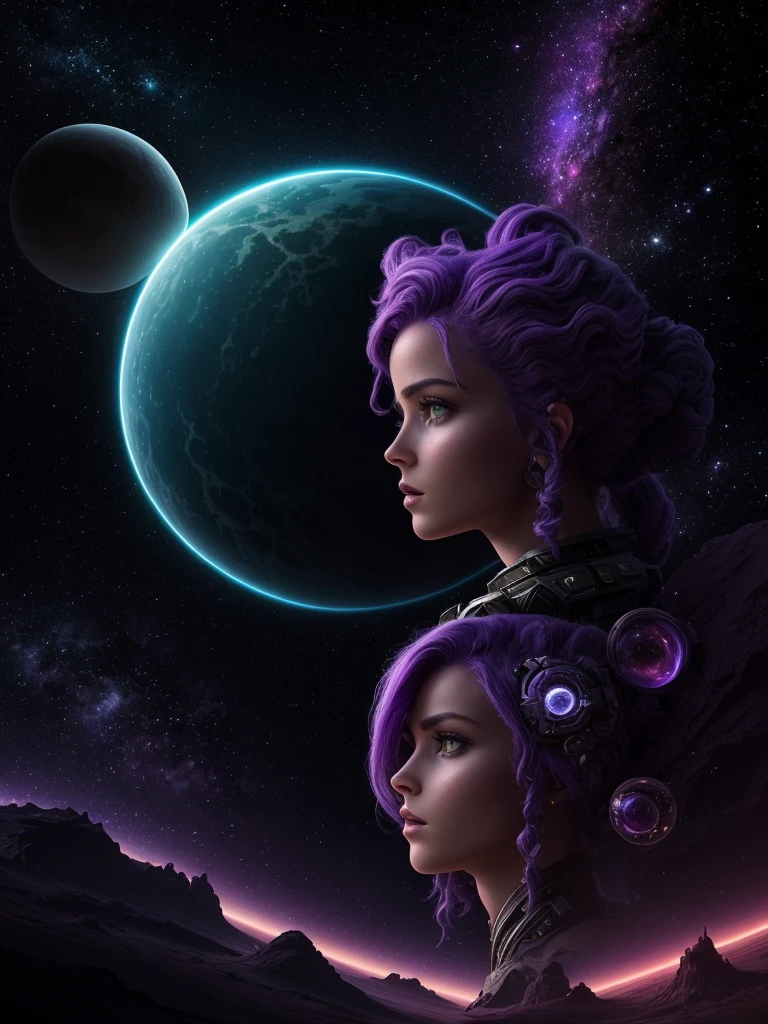 masterpiece, original photo, Hyperrealism, Beautiful alien girl with lots of purple hair, On a distant and wonderful planet, cosmic landscape, Cute and sexy, Very detailed, Science fiction aesthetics, Fantasy Halo, Supernatural Plants, By Rutkowski, HDR, Intricate details, Ultra Detailed, Movie, Depth of Field, Rim Light