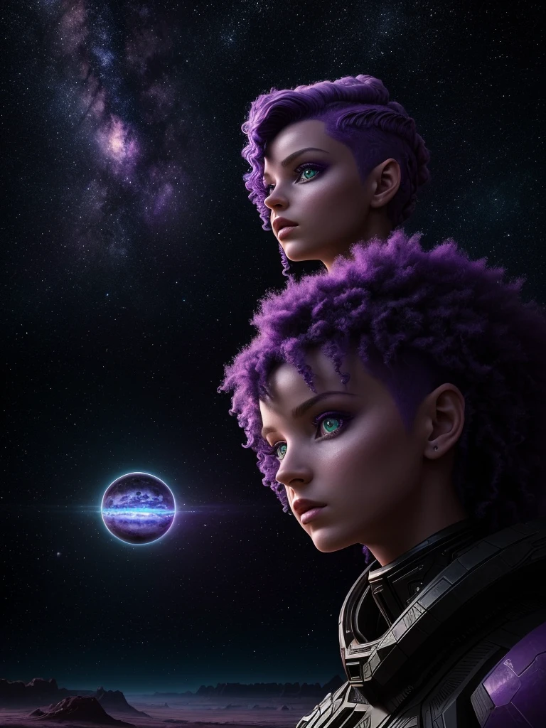 masterpiece, original photo, Hyperrealism, Beautiful alien girl with lots of purple hair, On a distant and wonderful planet, cosmic landscape, Cute and sexy, Very detailed, Science fiction aesthetics, Fantasy Halo, Supernatural Plants, By Rutkowski, HDR, Intricate details, Ultra Detailed, Movie, Depth of Field, Rim Light