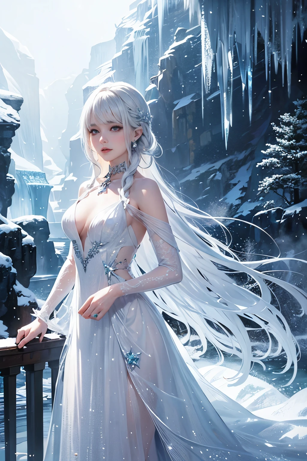 wood, Detailed mini ice spikes and crystals, Frozen waterfall as background, Light reflected on ice crystals, Flowing snowflakes.Beautiful woman、white hair、cutegirl,Realistic people,black dress