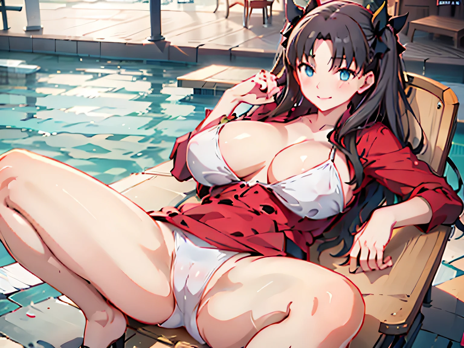 Anime illustration、highest quality、Voluptuous gravure idol、bikini、Poolside、Lying on a deck chair、overwhelmingly big breasts、Thick thighs、Beautiful, shining eyes、Cowboy Shot、smile、Noise Reduction、Leg spread、Tohsaka Rin