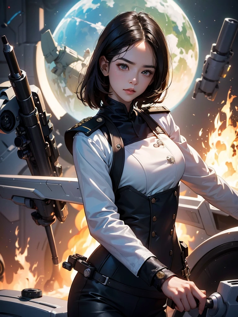 Top quality、Ultra-high resolution、dramatic action、A science fiction movie、Adventure stories、Anti-government organizations、、and、Adult women, 25 years old、face lamp、high brightness、Brown Eyed、Dark-haired、Short Bob Hairstyle、military uniform、详细的military uniform、Serious face、Sharp eyes、True face resolution、Realist、Parsing Objects、Background is battlefield、Spaceship in the sky、Bullets flying