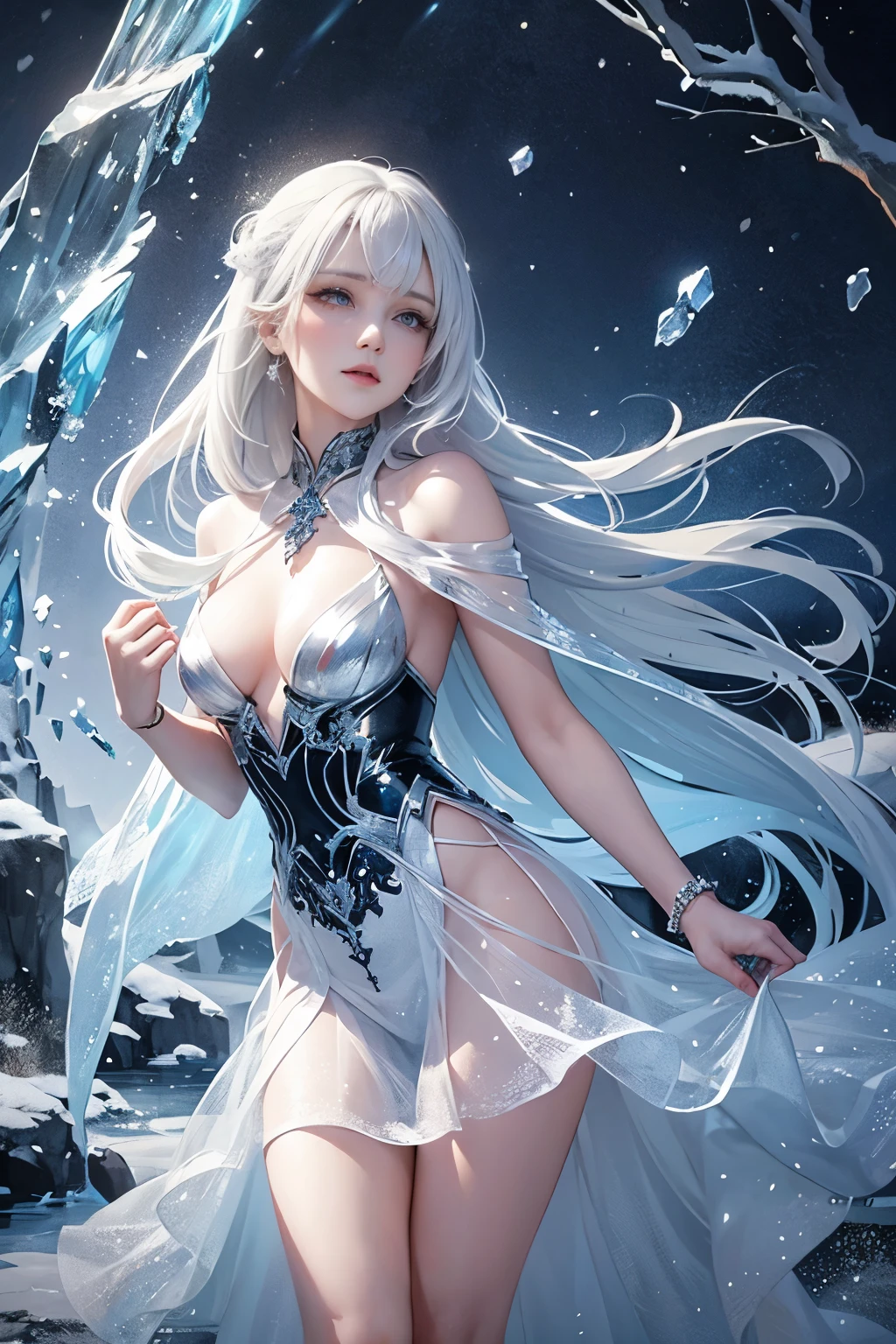 wood, Detailed mini ice spikes and crystals, Frozen waterfall as background, Light reflected on ice crystals, Flowing snowflakes.Beautiful woman、white hair、cutegirl,Realistic people,black dress