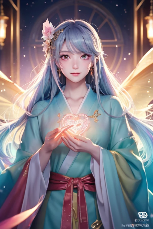 High quality CG illustration,((highest quality)), ((masterpiece)), (detailed), Perfect Face,日本の女god,Soft atmosphere,,Long Hair,Big eyes,cute,Portrait photos,両手の中にうすいピンクの光るheart,Background pink,god秘的,Shrine maiden,女god,Beauty,cute,Beauty,The goddess,Anime Style,Anime CG,god様,gem,shine,luxury,god々Aura,crystal,dragon,Gal,Heavy makeup,Eyelashes,Feather coat,Decoration,Facing forward,Anime Style,kimono,Sparkling,gem,左手にcrystalを持つ,heart,Benefits,Fortune telling,luxury,gold,luxuryなDecoration,luxuryな背景,noble,おRich man,Love Luck,和風の女god,altar,dragongod,Aurora,Rainbow-colored,真Facing forward,luxury絢爛,shine,dazzling,Aurora,Rich man,wealthy class,Fairy,Gray Hair,Light blue hair,earrings,gemが沢山付いた服,Hanfu ,god社,prayer,Rainbow-coloredの髪と花の冠を持つ女性の接写, Anime Style 4k, detailedなDigital anime art, 8Kの高品質でdetailedなアート, Beautiful anime portraits, Anime fantasy artwork, Anime fantasy illustration, anime art wallpaper 4k, anime art wallpaper 4k, Digital anime art, Highly detailed digital art in 4K, Anime Style. 8k,目線はFacing forward,Gold Folding Screen,,,,