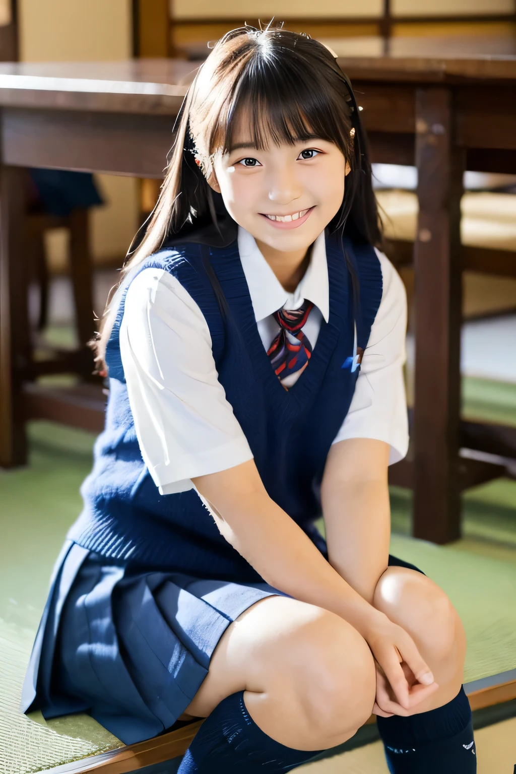 ((masterpiece)), japanese, (a girl), (18 years old), (((school uniform))), smiling, indoor, dark blue knit vest, thighs, 