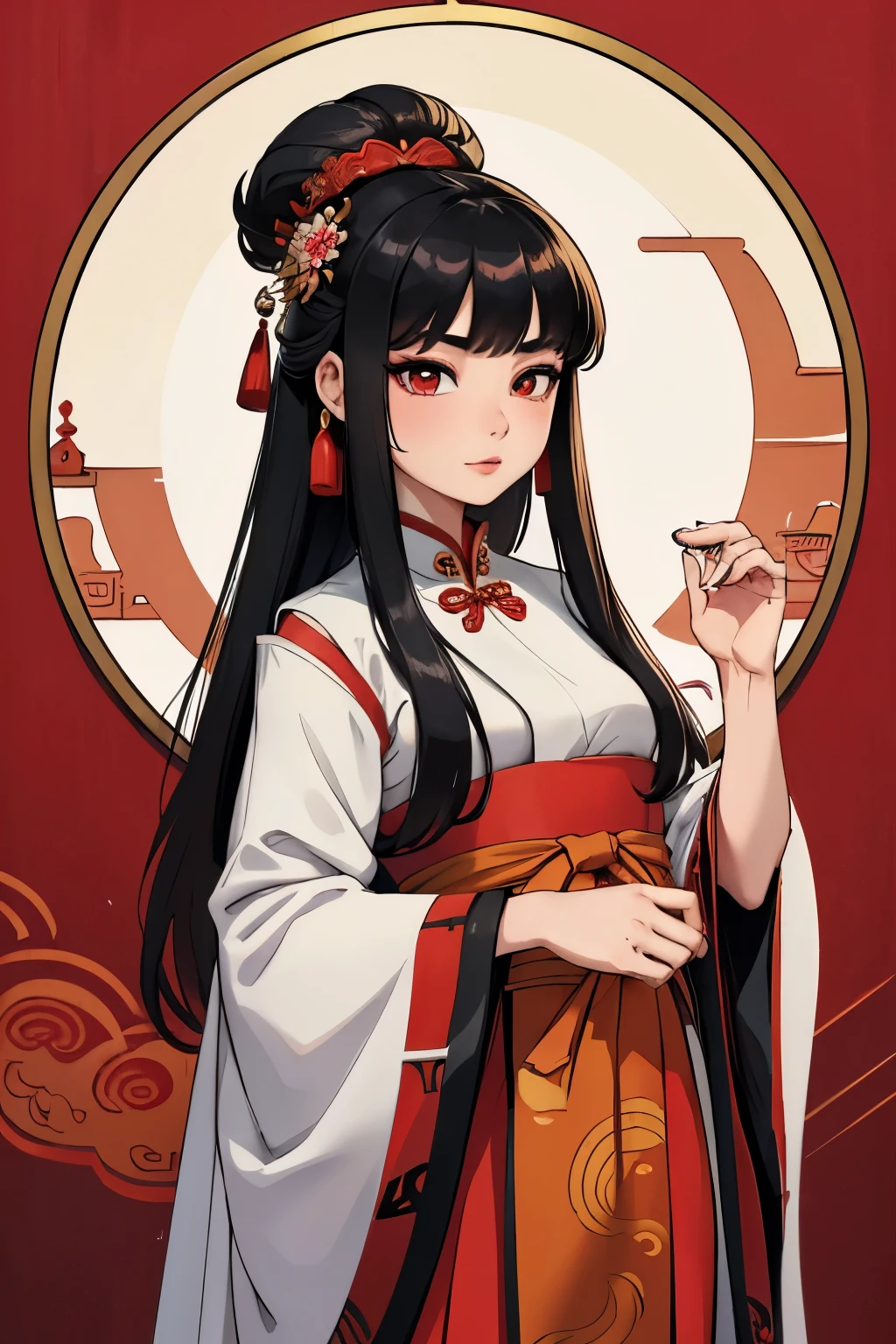 arafed asian woman with a red and black dress and a red flower in her hair, palace ， a girl in hanfu, wearing ancient chinese clothes, chinese style, chinese girl, traditional chinese, traditional beauty, ancient chinese princess, chinese princess, hanfu, with ancient chinese aesthetic, traditional chinese clothing, traditional female hairstyles, chinese costume