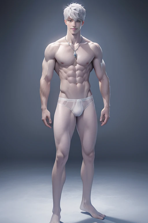 Full Body photorealistic 1 boy,Handsome Hunky Jack Frost，tall and strong,perfect male figure, ripped abs toned body,,eyes looking at camera, shirtless . ((Pale white skin)), white transparent mesh skimpy thong underwear snow，silver hair,serious expression,necklace,Ray tracing. Smiling 