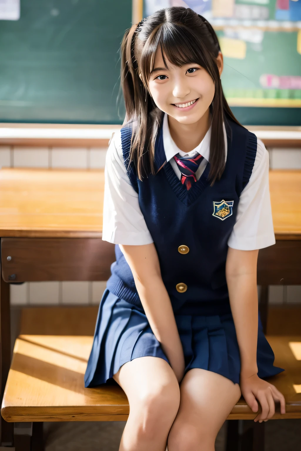 ((masterpiece)), japanese, (a girl), (18 years old), (((school uniform))), smiling, indoor, dark blue knit vest, thighs, 