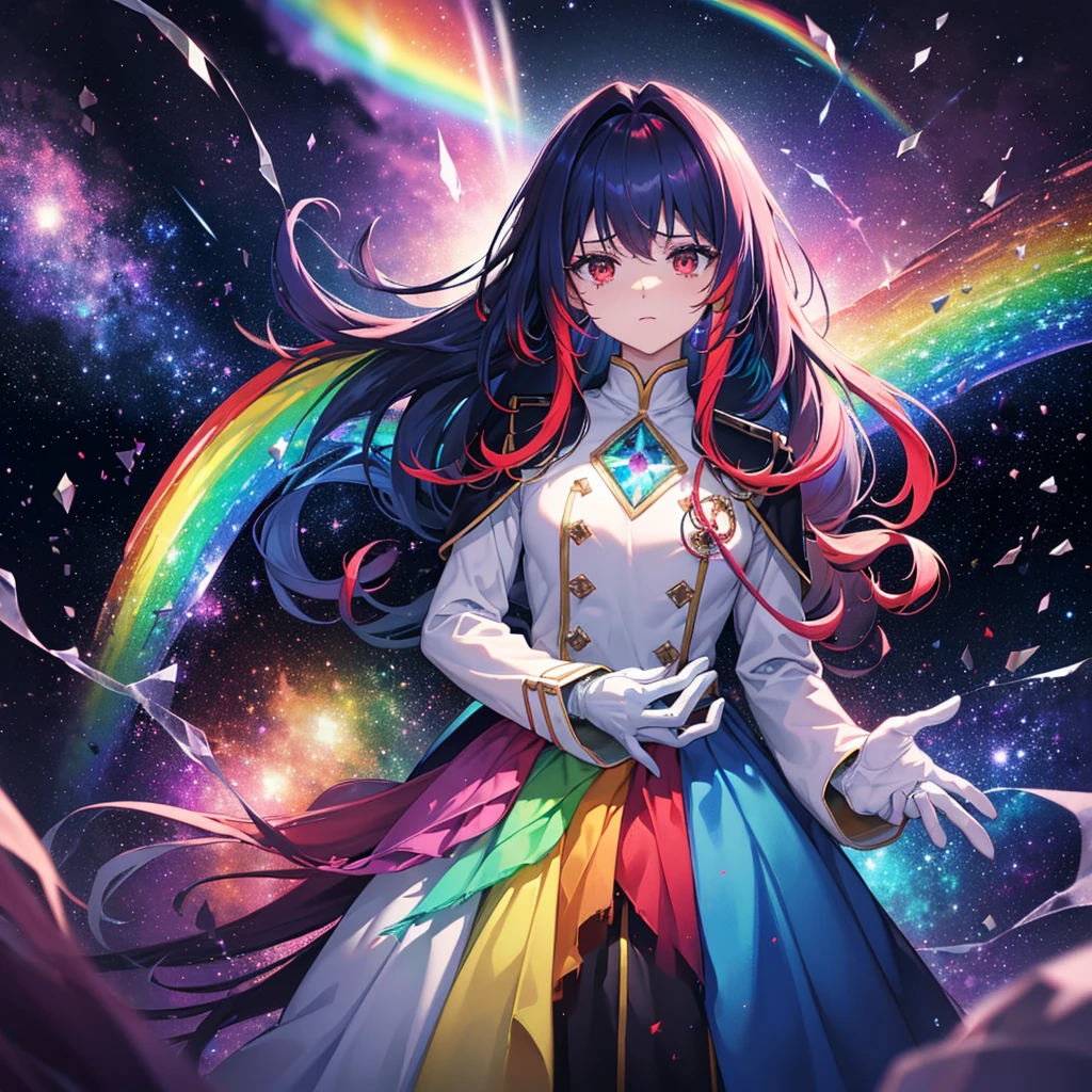 ((Fantasy　Rainbow Hair　Long Hair　Dull red eyes　Have a galaxy　uniform　Put on a coat without putting your arms through it　Lonely　despair))　((Tears　gloves))　(Broken glass　Distorted Space-Time　star　moon)　Catch the wind　fall　Shining Background　Particles of light, shining edges