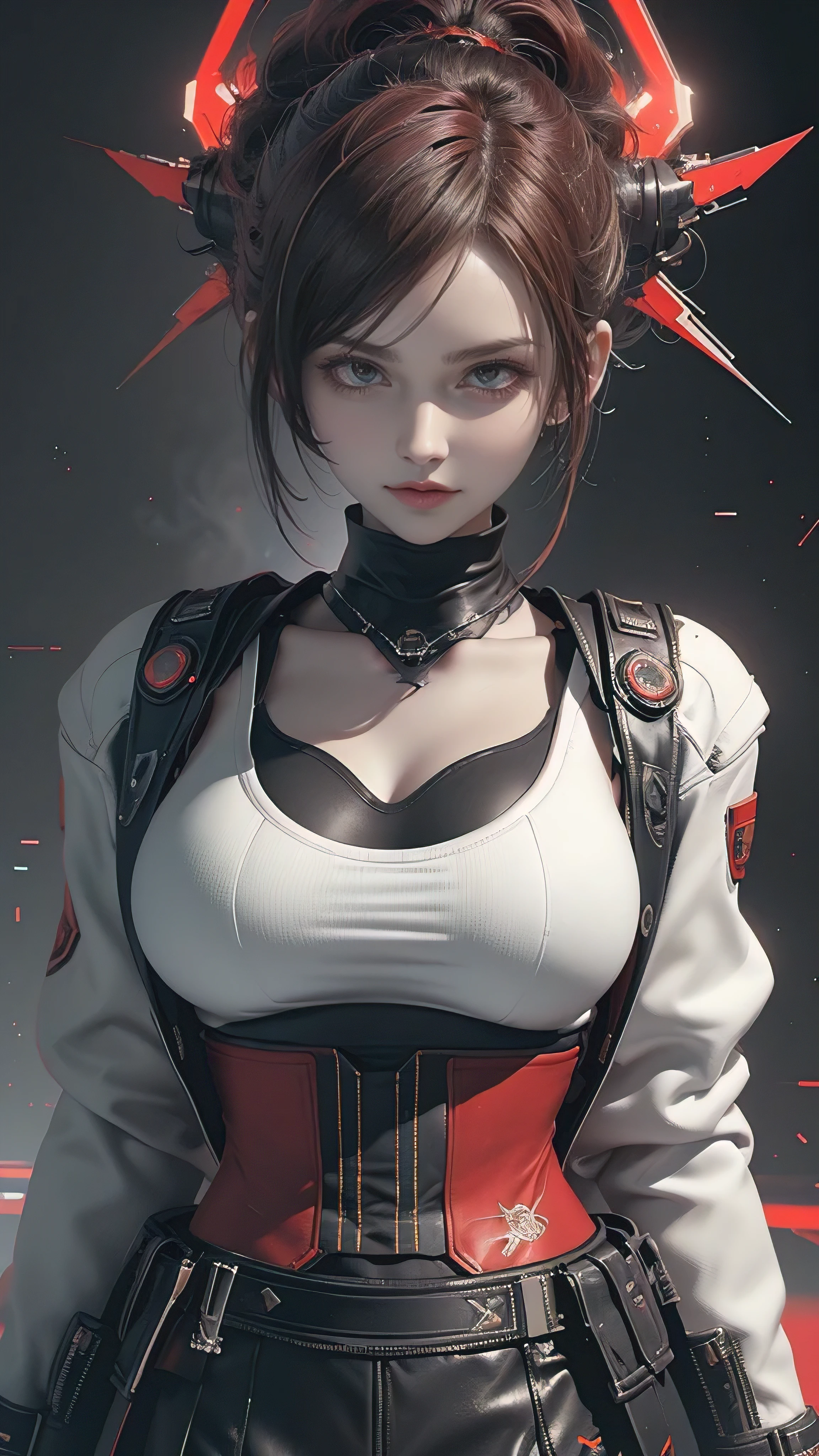 Game Art,Best picture quality,Maximum resolution,8k,(A bust photo),(portrait),(Head close-up:1.5),(Rule of Thirds),Unreal Engine 5 rendering works, (Future Girl),(Female Warrior), 22-year-old young hacker),(White and red gradient,Oriental hairstyle),((Red pupils:1.3)),(Beautiful eyes full of details),(Large Breasts),(Eyeshadow),Elegant and charming,indifferent,((anger)),(Futuristic cyberpunk jacket,Combined Armor,There are exquisite Chinese patterns on the clothes,The sparkle of jewelry),Cyberpunk Characters,Future Style, Photo poses,City background,Movie Lighting,Ray Tracing,Game CG,((3D Unreal Engine)),oc rendering reflection pattern