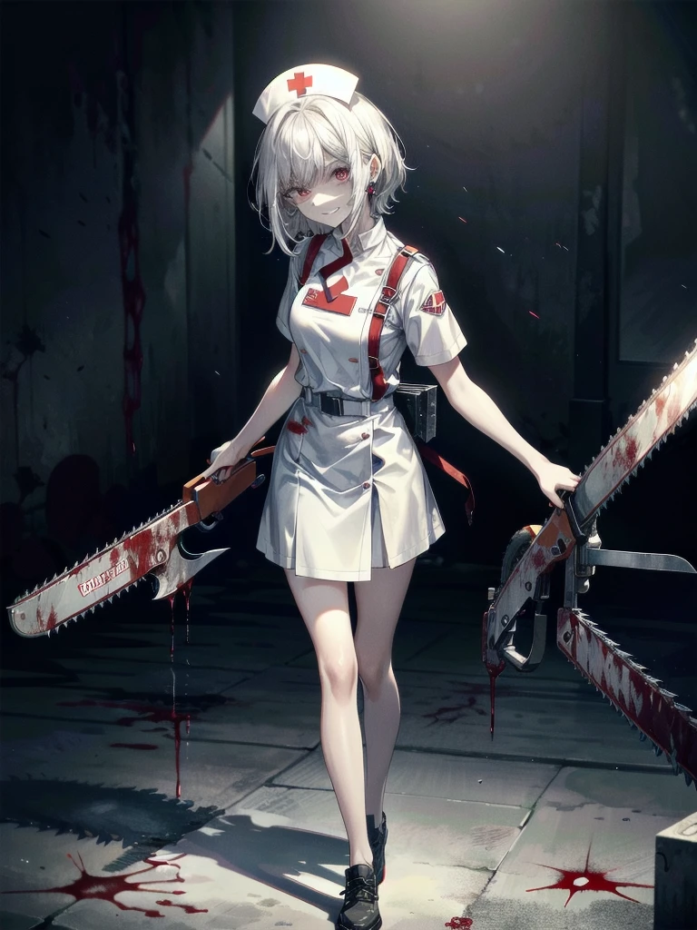 ((blood)), ((blood splatter)), ((blood on clothes)), ((blood stain)), hospital, ((nurse uniform)), ((holding motor-chainsaw)), absurdres, RAW photo, extremely delicate and beautiful, masterpiece, Best Quality, ultra high resolution, 32k, hyperrealistic, ultra-detailed, detailed description, pale skin, 20 years old, tearful mole, earring, Colossal tits, short medium hair, wavy hair, evil grin, full body shot,