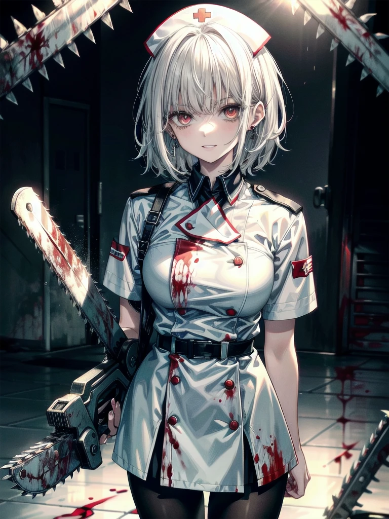 ((blood)), ((blood splatter)), ((blood on clothes)), ((blood stain)), hospital, ((nurse uniform)), ((holding motor-chainsaw)), absurdres, RAW photo, extremely delicate and beautiful, masterpiece, Best Quality, ultra high resolution, 32k, hyperrealistic, ultra-detailed, detailed description, pale skin, 20 years old, tearful mole, earring, Colossal tits, short medium hair, wavy hair, evil grin, full body shot,