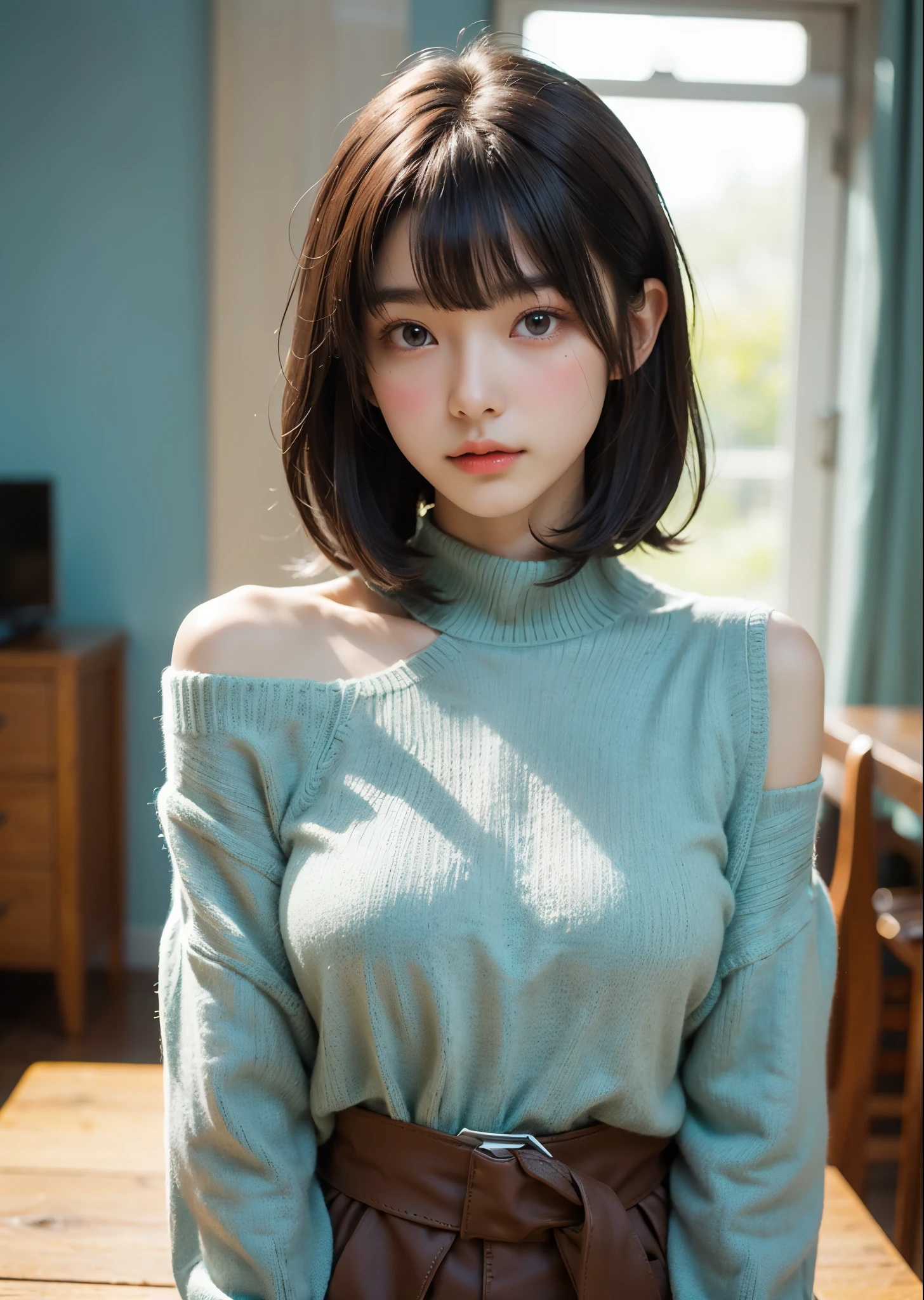Highest quality, Tabletop, Ultra-high resolution, (Realistic:1.4), (Japanese Idols),RAW Photos, One Girl, Brown Hair, Glossy Lips,21 years old,Beautiful and beautiful eyes,Diamond jewellery,Cold Light,,(Strengthened upper arms:1.2),Pixie Hair、Food、hoodie、Tears in my eyes、No bra、Short Bob Hair