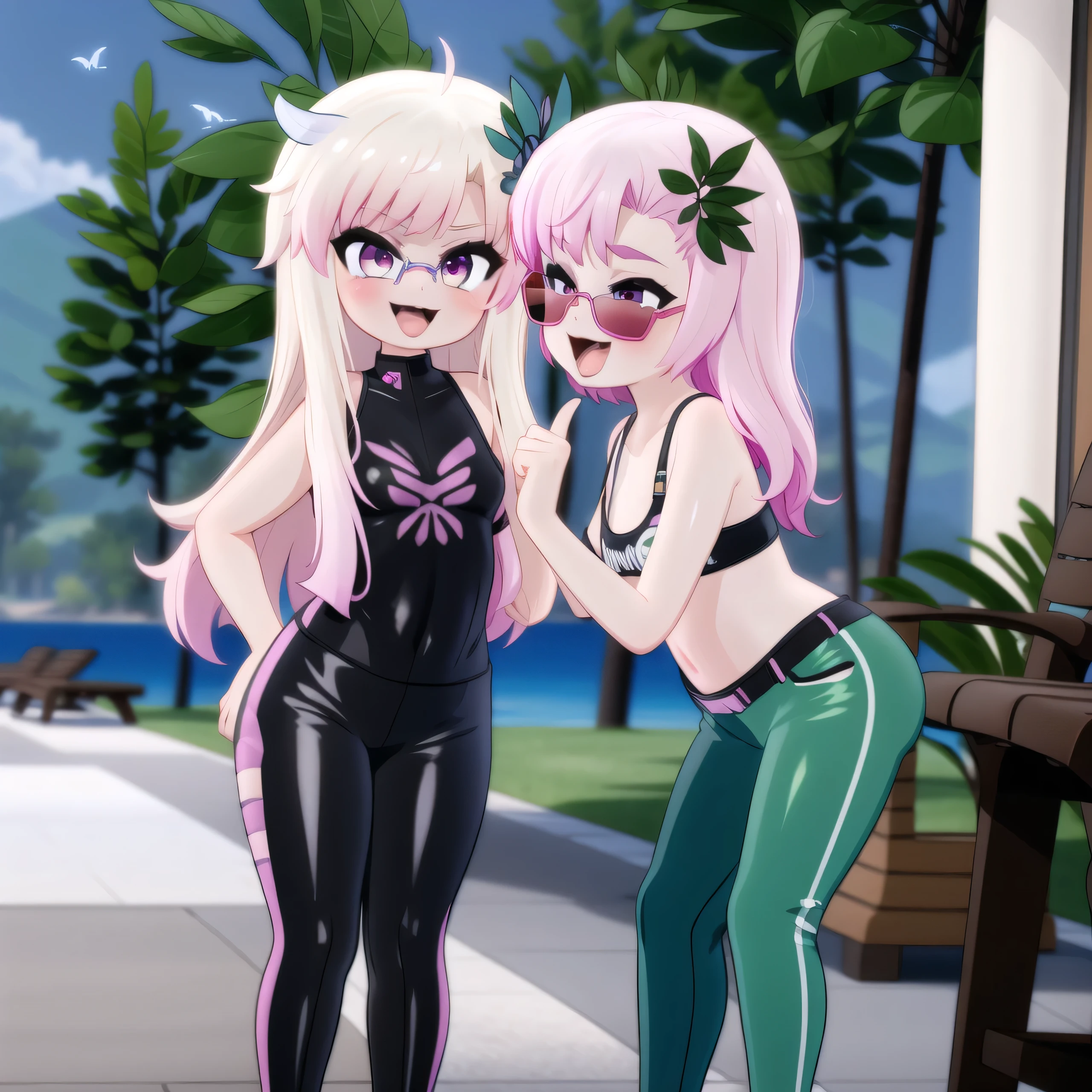 By mantis-x, young girls, tight pants, presenting butt , stockings, happy, suck finger, sexy, pink hair, sunglasses 