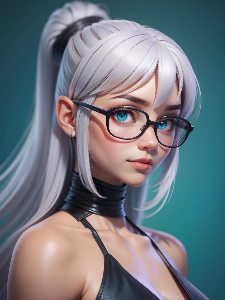 Girl with an orchid in her hair, Platinum Hair, Turquoise blue clothing, ingenious, wear glasses, Simple background, Solid color background, Upper Body