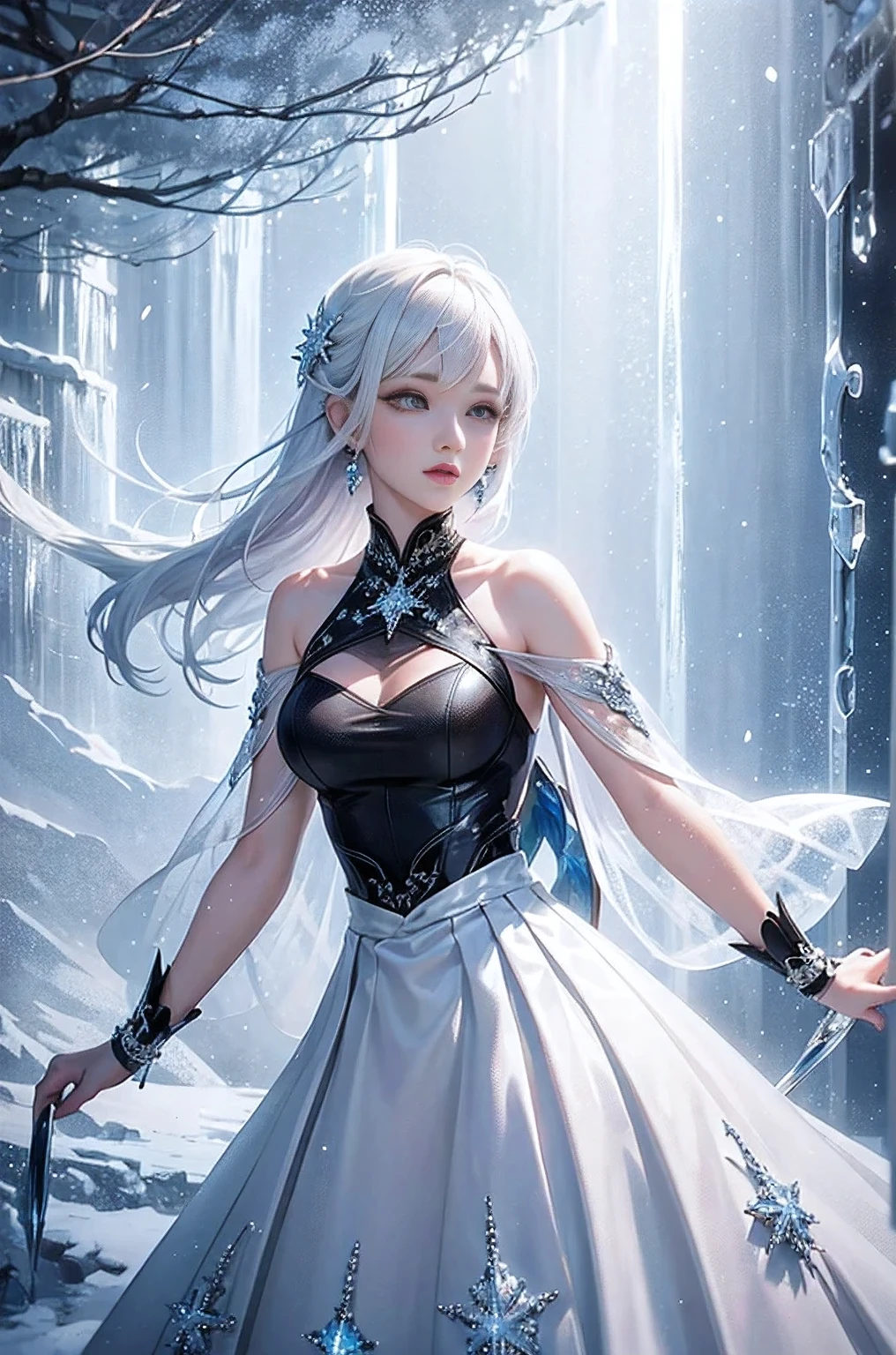 wood, Detailed mini ice spikes and crystals, Frozen waterfall as background, Light reflected on ice crystals, Flowing snowflakes.Beautiful woman、white hair、cutegirl,Realistic people,black dress
