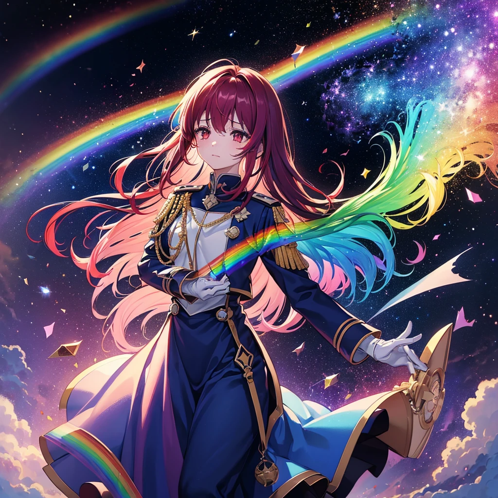 ((Fantasy Rainbow Hair Long Hair Dull red eyes Have a galaxy Baggy uniform Lonely despair)) ((Tears gloves)) (Broken glass Distorted Space-Time star moon) Catch the wind fall Shining Background Particles of light, shining edges