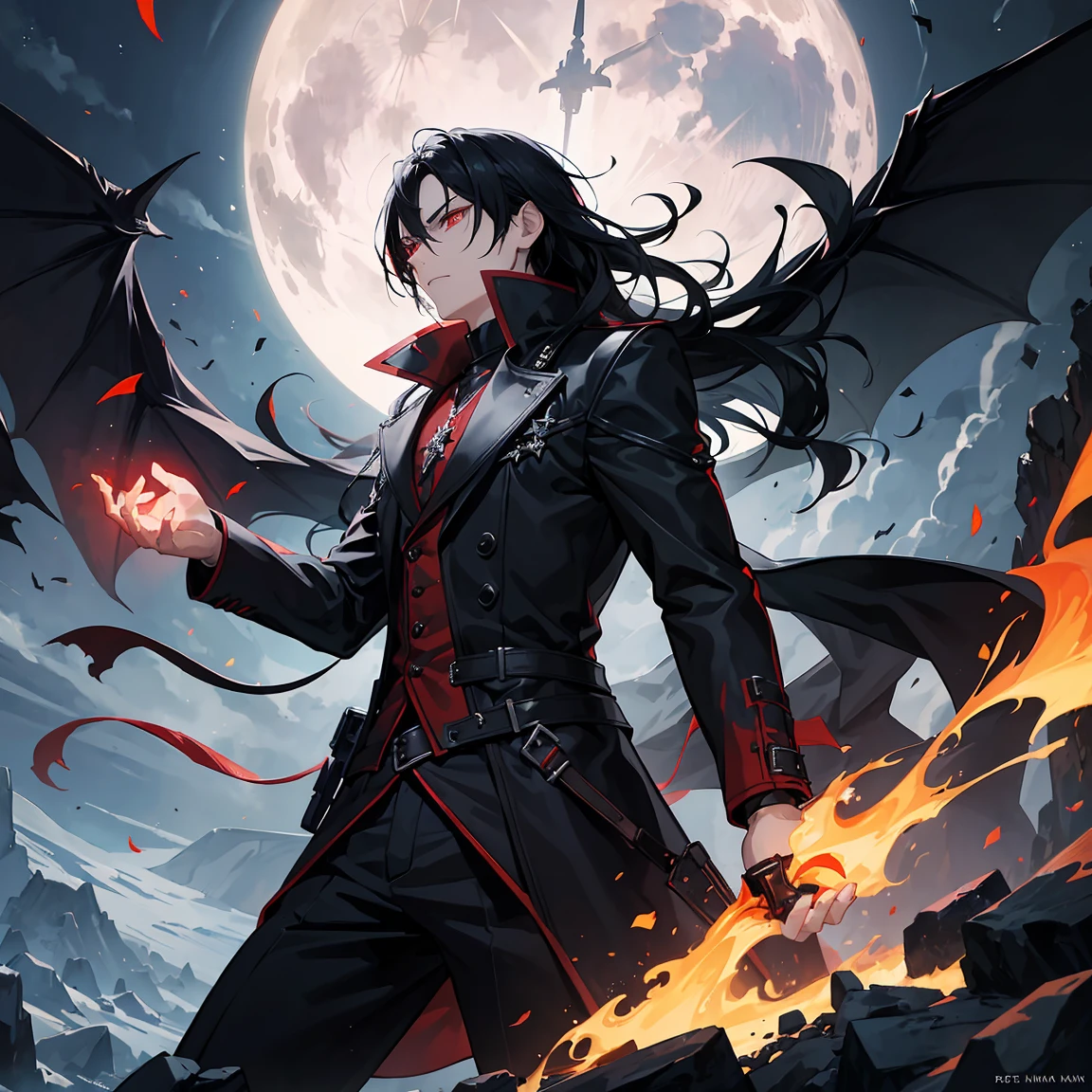 1 men,black hair,red eyes,black coat,demons aura,combat knife,fantasy,gothic Castle,fighting pose,cowboy shot,night,flame in eyes,moon