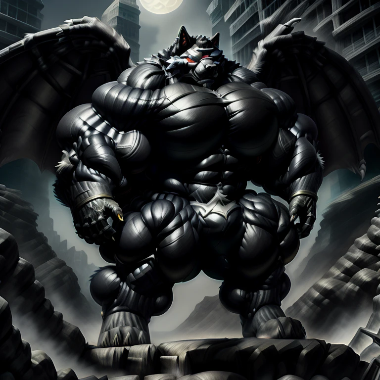 (masterpiece, best quality, detailed:1.2) detailed full body, 8K, freddy, wolf muscular werewolf, muscular! Commission for High Res,
unusually developed muscular body, body full of huge muscles. 
pectorales enormes. Exaggeratedly huge muscles. Gigachad Muscular, 8K, Masterpiece, highres, future fiction. black visor, Detailed head, Detailed Body,full body, Detailed abs, wearing crNanosuit,strong and imposing, thicc, Spread wings, It has wings. have big wings.  in a night city,