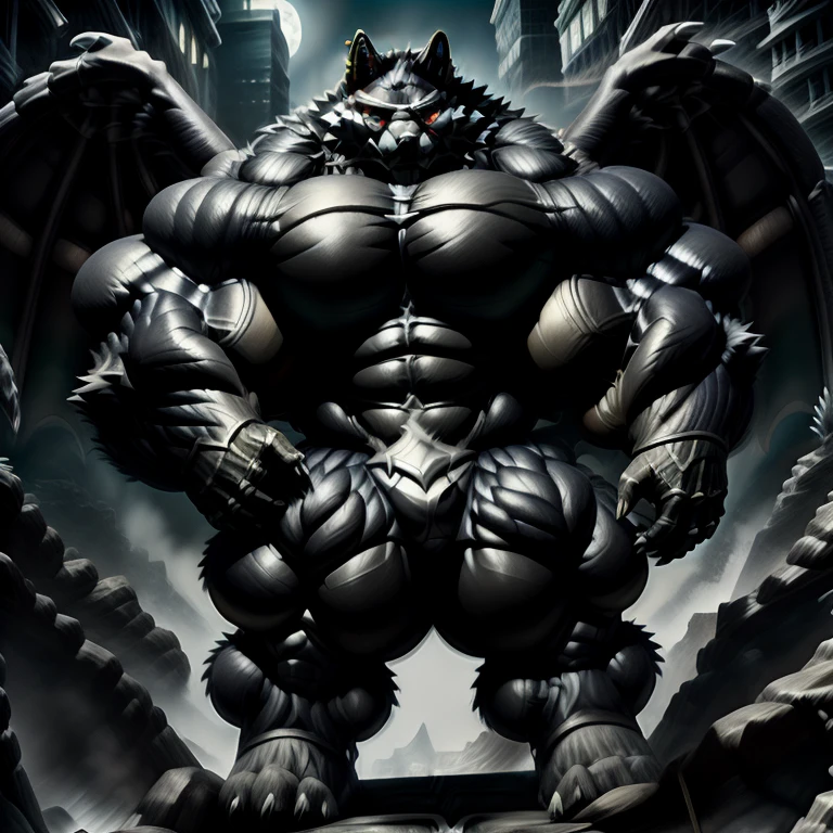 (masterpiece, best quality, detailed:1.2) detailed full body, 8K, freddy, wolf muscular werewolf, muscular! Commission for High Res,
unusually developed muscular body, body full of huge muscles. 
pectorales enormes. Exaggeratedly huge muscles. Gigachad Muscular, 8K, Masterpiece, highres, future fiction. black visor, Detailed head, Detailed Body,full body, Detailed abs, wearing crNanosuit,strong and imposing, thicc, Spread wings, It has wings. have big wings.  in a night city,