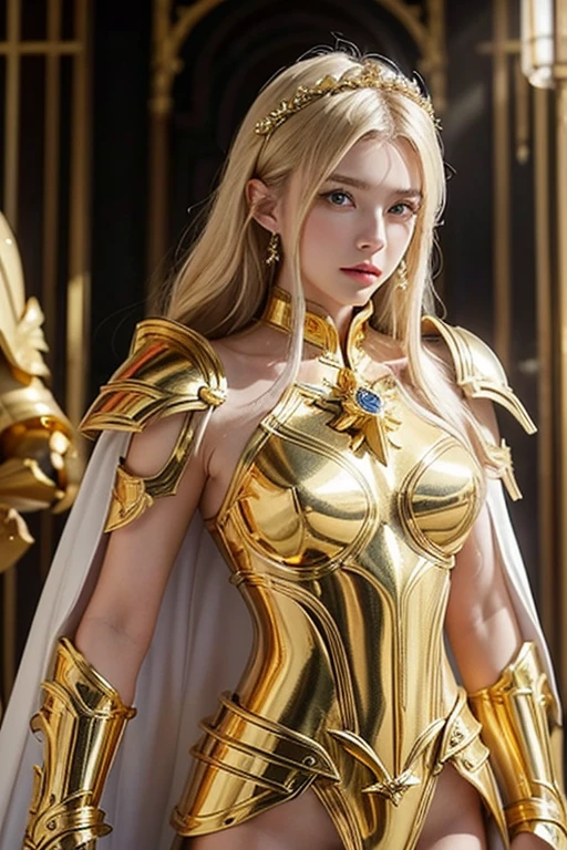 Attractive 18 year old Russian famous model, Light blonde hair, Close-up of a woman wearing only armor and a white cape made of gold metal chains, Beautifully patterned gold armor, Sailor Galaxy, God Emperor of Mankind, She only wears golden armor, Saint Seiya, Gold Paladin, Light Gold Armor, welcome, Wearing only armor made of golden, rotting metal, Wearing only shining gold armor, Gold Armor, Wearing only shining golden armor, The welcomes of gold, Charismatic, Model standing,The whole body shines like a diamond,