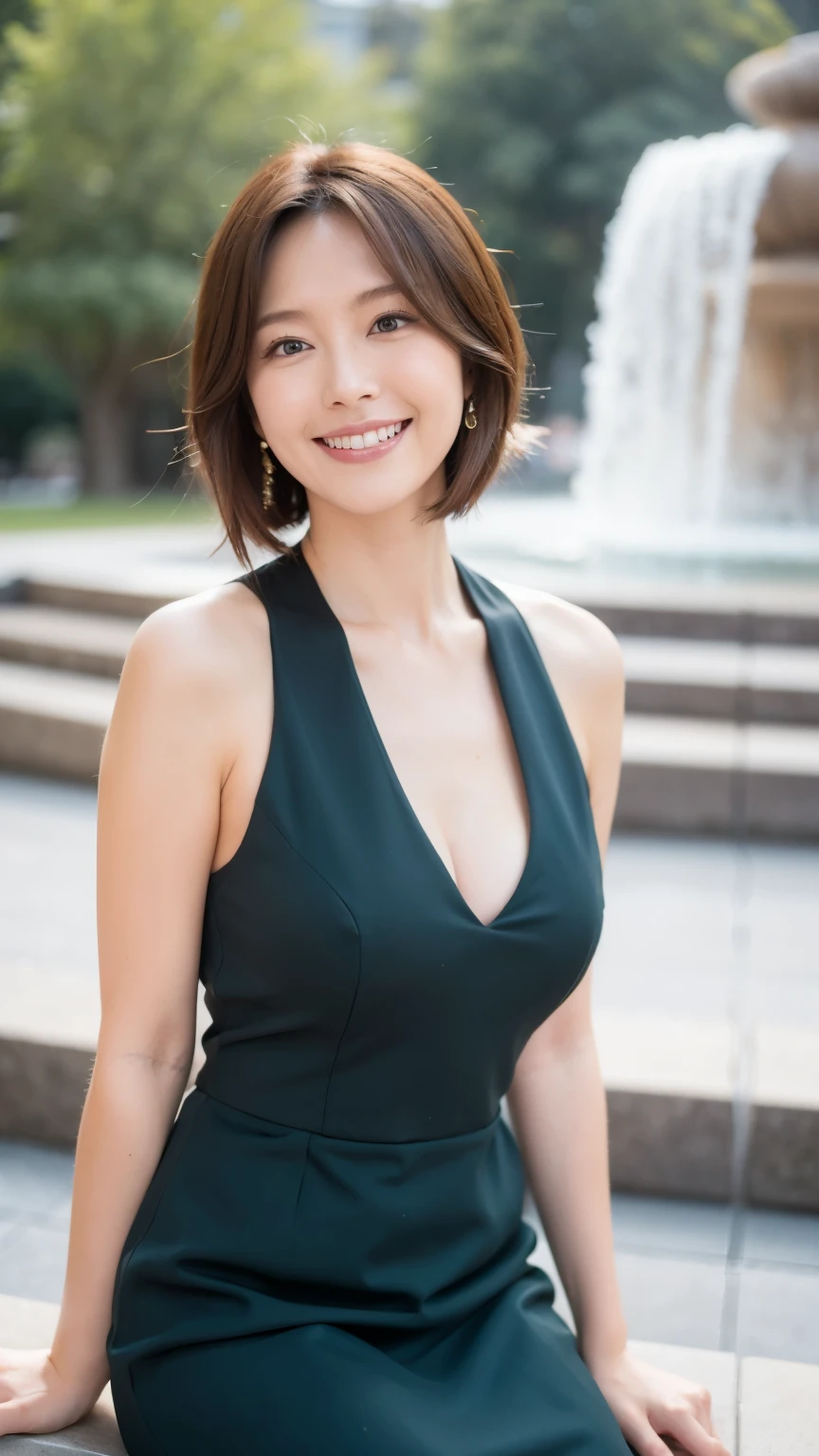 最high quality, In 8K, Masseter region, Vibrant, Sharp focus, high quality, High resolution, Detailed face, fine grain, Thick lips, (Looking at the audience), alone, Beautiful woman, 38 years old, Japanese women, (Short black hair:1.4)、(Bob Hair:1.4), Cleavage, Lunch break、Large city park、Green Grass、In front of a big fountain、(sitting on a park bench:1.3)、(Full body photo:1)、(Grey Formal Dress:1.5)、(Knee length dresses:1.5)、(Black pumps:1.5)、(Red lipstick:1)、(smile:1.3)、(Standard body type)、(D cup breasts)