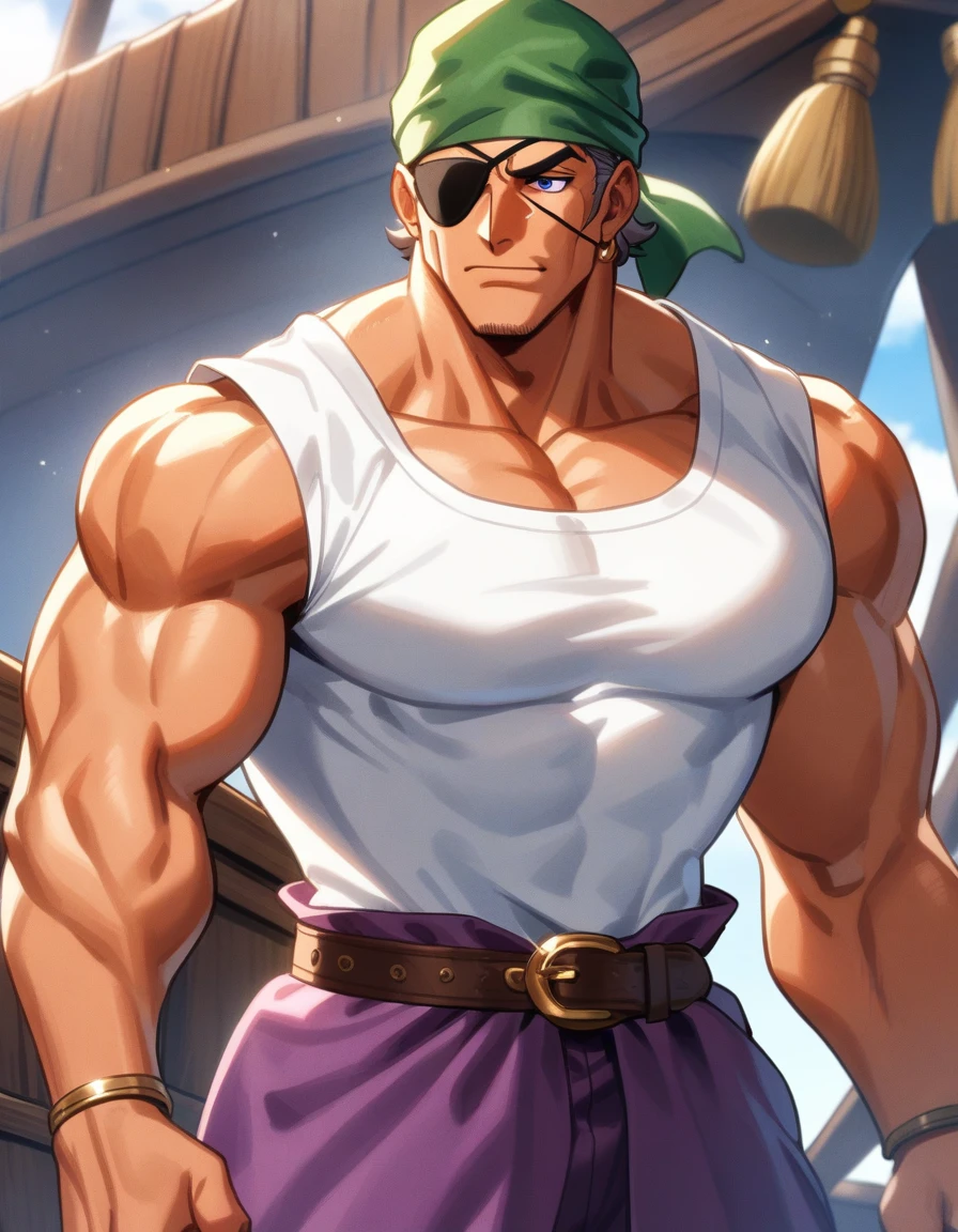 1man, muscular mature, pirate, green head scarf, gray hair, bangs, blue 1eye, black eyepatch, short hair, ordinary, tanned skin, solo, red waist cloth, purple arabian pants, white sleeveless shirt, loose fitting shirt, tented shirt, on mediaeval ship, 1990s, VHS quality, masterpiece, best quality