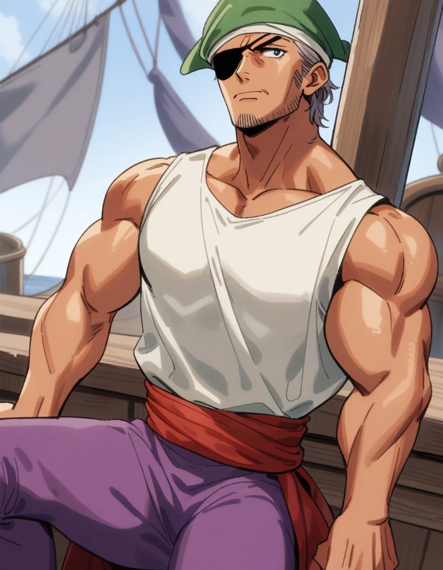 old Joseph Joestar from jojo bizzarre adventure with beard and white hair, wearing no shirt, body skinny, ele está wearing no shirt e com calção de banho e óculos escuros em uma piscina em meio a um deserto
